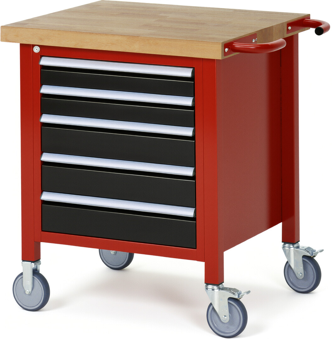 RAU Werkbank rot - schwarz - Breite 75 cm - Tiefe 70 cm - Höhe 108 cm - Buche-Massiv Arbeitsplatte 40 mm