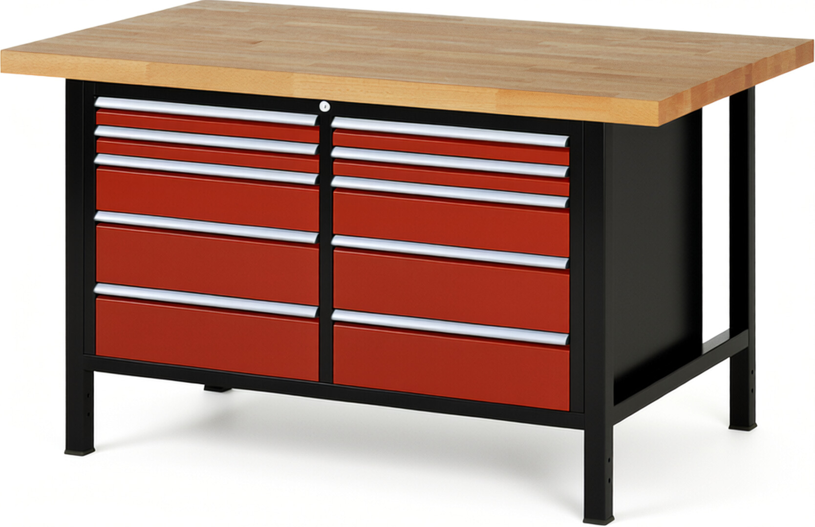 RAU Werkbank schwarz - rot - Breite 150 cm - Tiefe 90 cm - Höhe 104 cm - Buche-Massiv Arbeitsplatte 40 mm