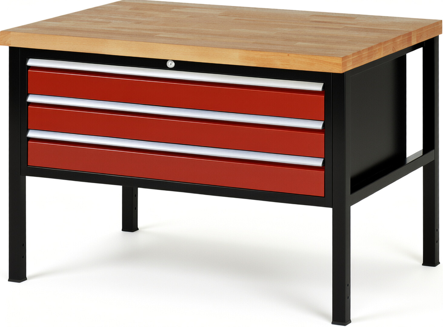 RAU Werkbank schwarz - rot - Breite 125 cm - Tiefe 90 cm - Höhe 104 cm - Buche-Massiv Arbeitsplatte 40 mm