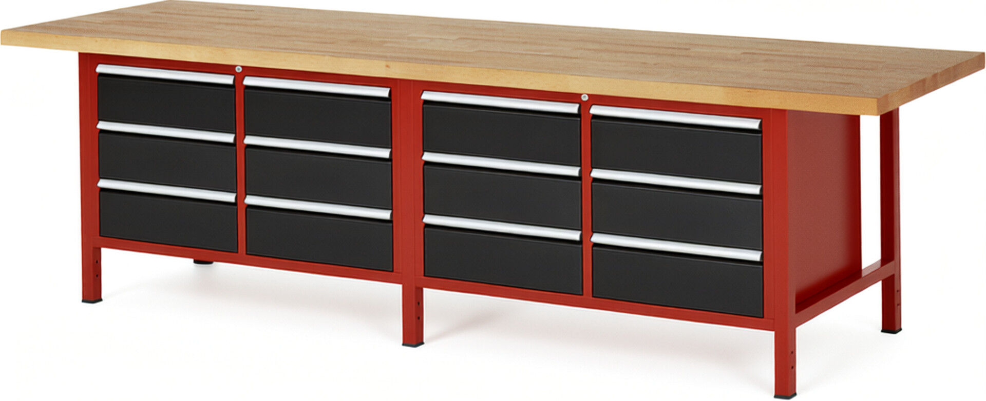 Werkbank Modell 8473 rot - schwarz, BxTxH 3000x900x840 mm,  Buche-Massiv Arbeitsplatte 40 mm,  12 Schubladen mit  Vollauszug 100 % und  SoftClosing