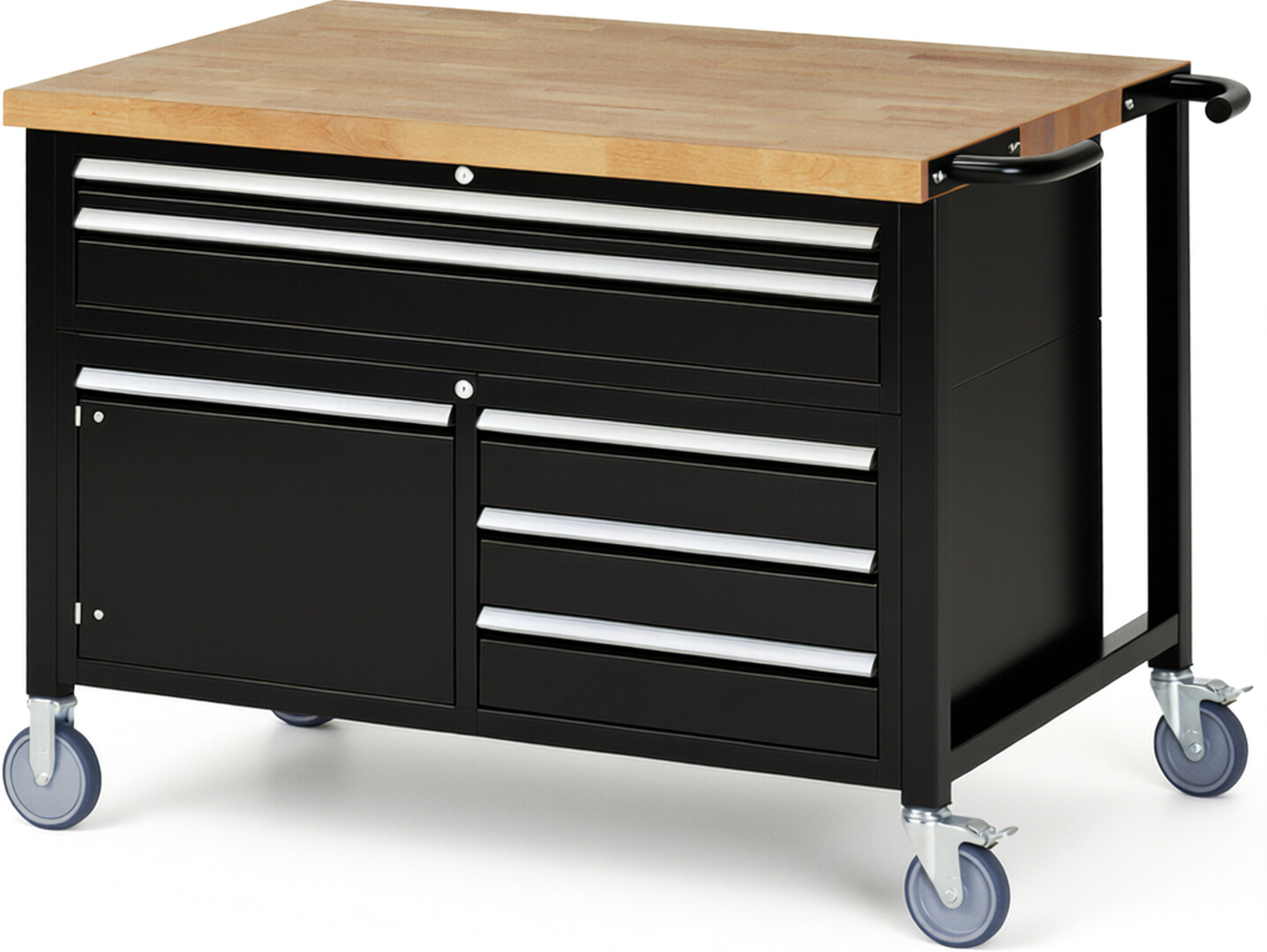 Fahrbare Werkbank Modell 8922 schwarz, BxTxH 1250x900x920 mm,  Buche-Massiv Arbeitsplatte 40 mm,  5 Schubladen mit  Vollauszug 100 % und  SoftClosing