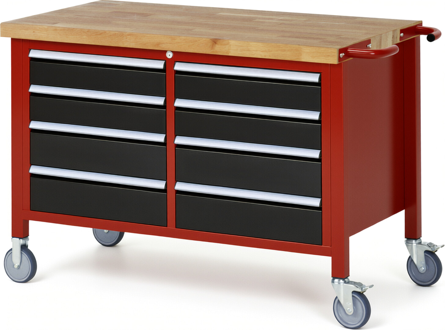 Fahrbare Werkbank Modell 8477 rot - schwarz, BxTxH 1250x700x880 mm,  Buche-Massiv Arbeitsplatte 40 mm,  8 Schubladen mit  Auszug 90 %