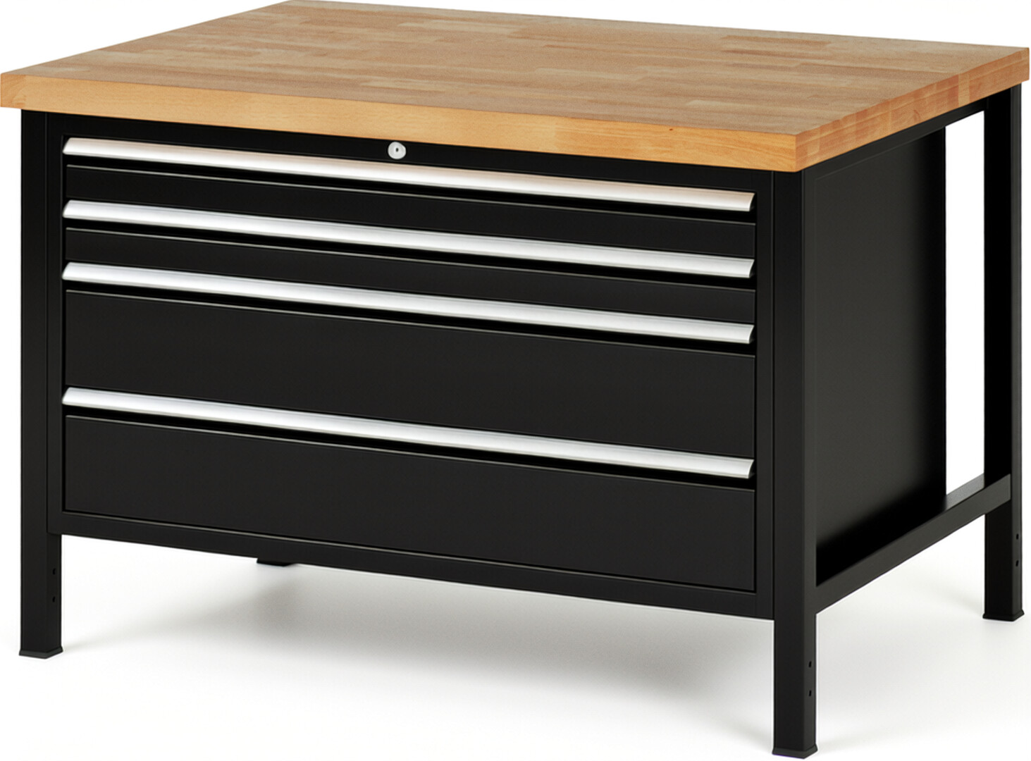 Werkbank Modell 8361 schwarz, BxTxH 1250x900x840 mm,  Buche-Massiv Arbeitsplatte 40 mm,  4 Schubladen mit  Vollauszug 100 % und  SoftClosing