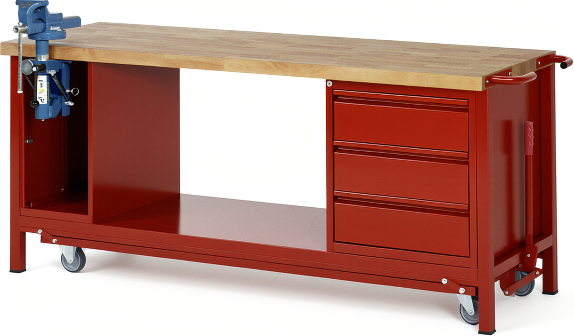 Absenkbare Werkbank - Modell 8183 BASIC rot, BxTxH 2000x700x880 mm,  Buche-Massiv Arbeitsplatte 40 mm,  3 Schubladen mit  Auszug 90 %