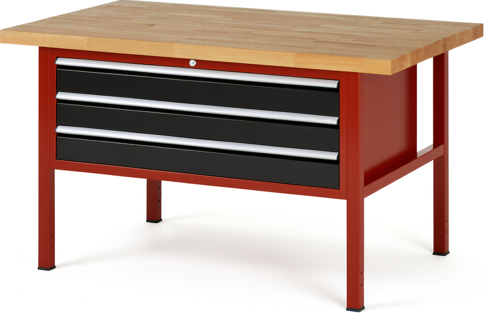 Werkbank Modell 8327 rot - schwarz, BxTxH 1500x900x840 mm,  Buche-Massiv Arbeitsplatte 40 mm,  3 Schubladen mit  Vollauszug 100 % und  SoftClosing