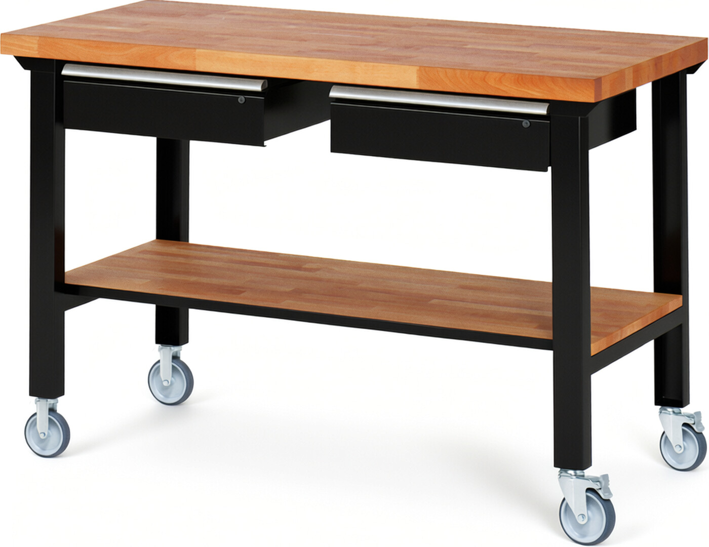 Fahrbare Werkbank Modell 7002 schwarz, BxTxH 1500x700x1000 mm,  Buche-Massiv Arbeitsplatte 40 mm,  2 Schubladen mit  Auszug 90 %