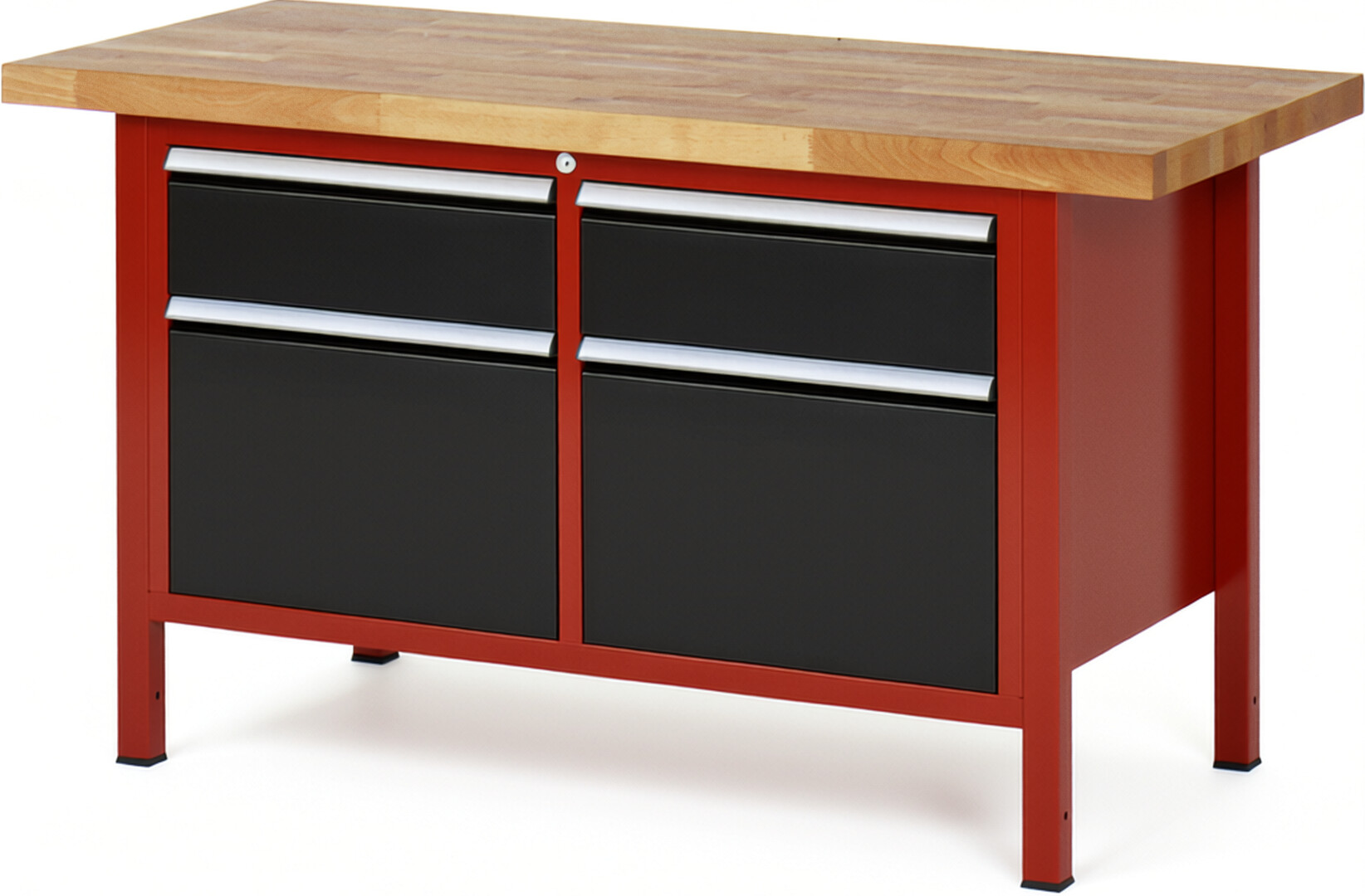 Werkbank Modell 8471 rot - schwarz, BxTxH 1500x700x840 mm,  Buche-Massiv Arbeitsplatte 40 mm,  4 Schubladen mit  Auszug 90 %