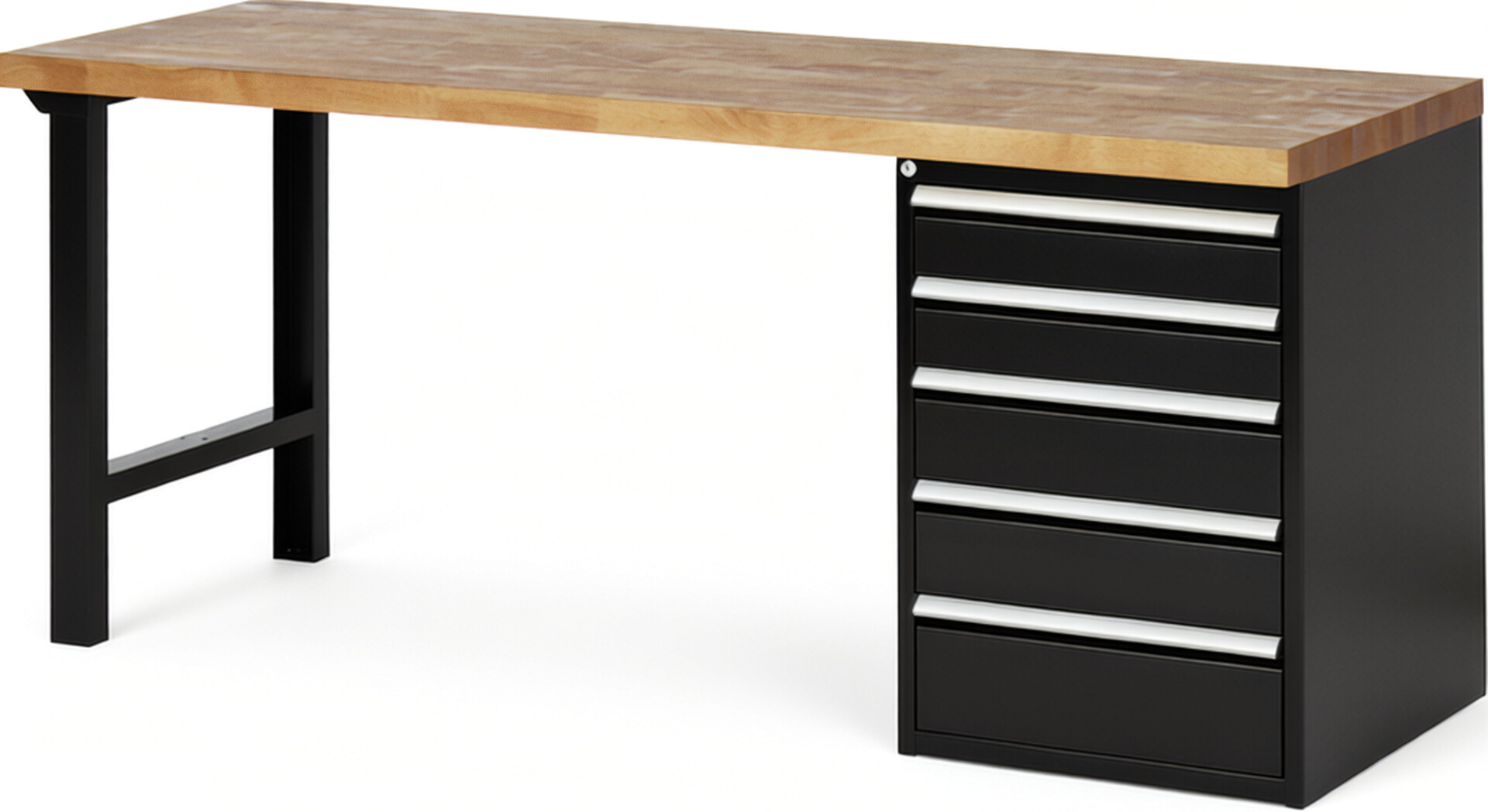 Werkbank Modell 7513 schwarz, BxTxH 2000x700x890 mm,  Buche-Massiv Arbeitsplatte 40 mm,  5 Schubladen mit  Vollauszug 100 % und  SoftClosing