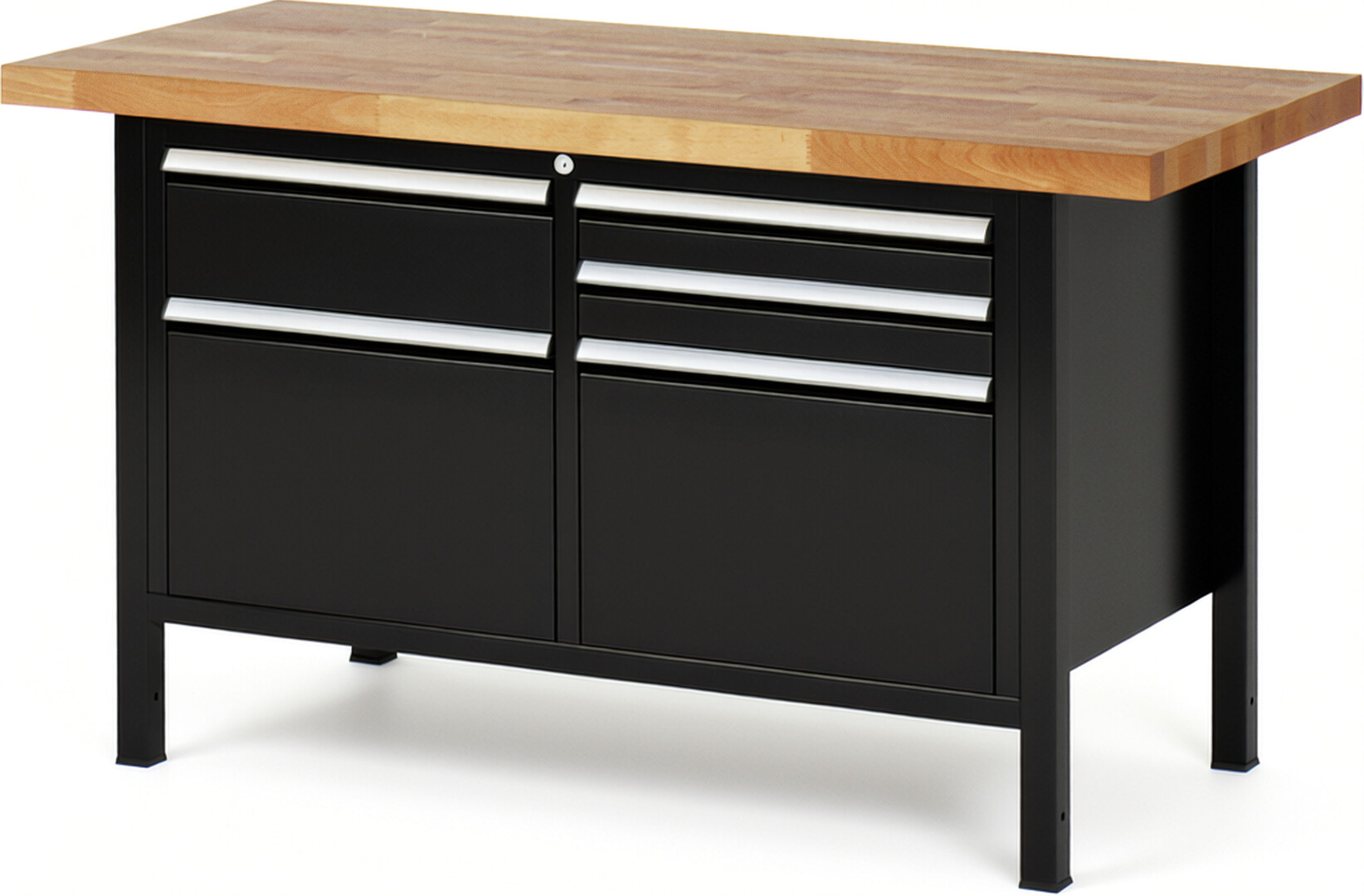 Werkbank Modell 8472 schwarz, BxTxH 1500x700x840 mm,  Buche-Massiv Arbeitsplatte 40 mm,  5 Schubladen mit  Auszug 90 %