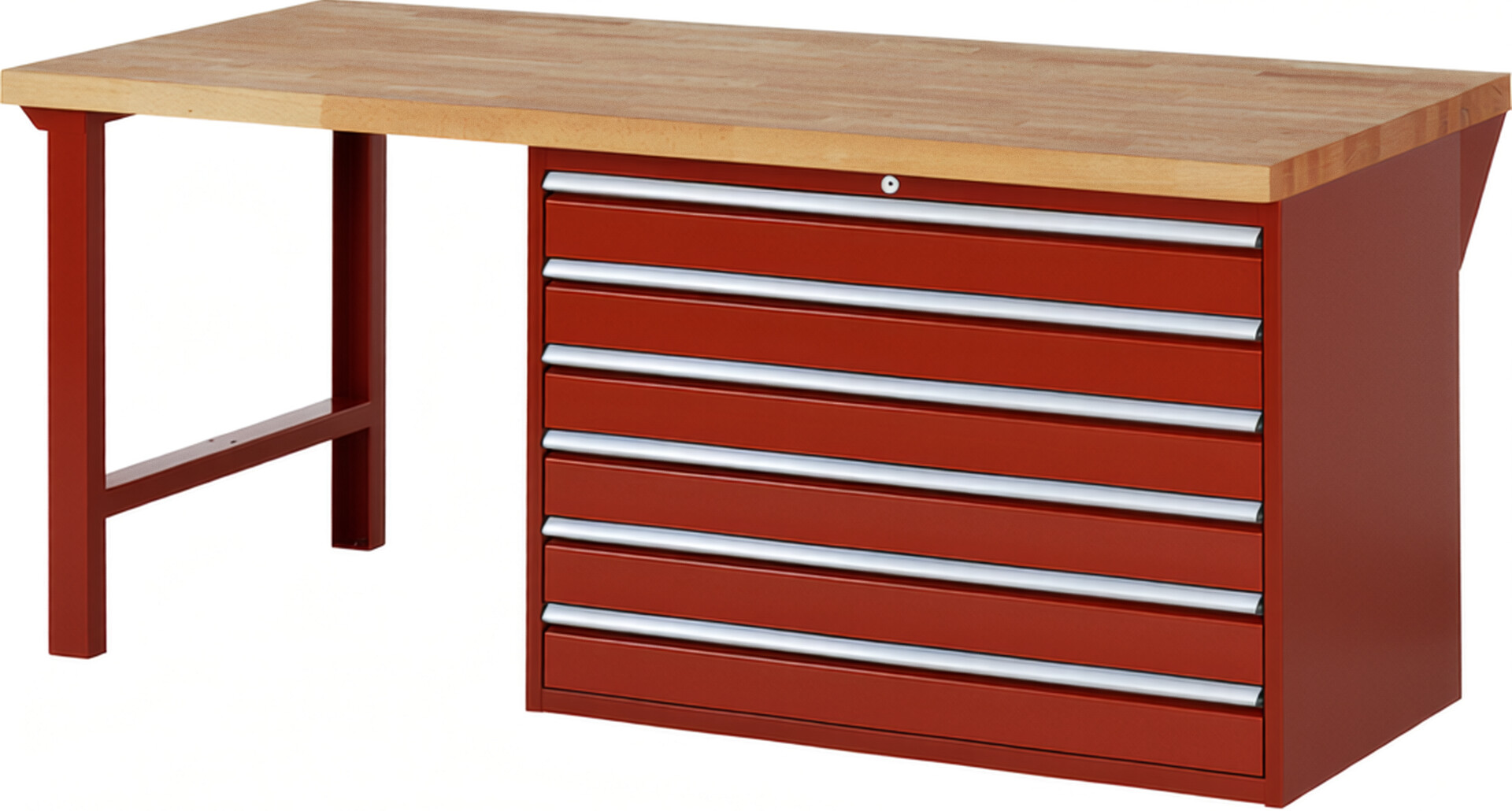 Werkbank Modell 7716 rot, BxTxH 2000x900x890 mm,  Buche-Massiv Arbeitsplatte 40 mm,  6 Schubladen mit  Vollauszug 100 % und  SoftClosing