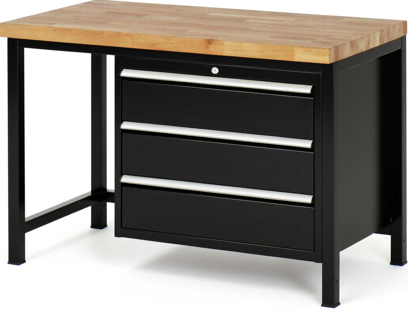 Werkbank Modell 8257 schwarz, BxTxH 1250x700x840-1040 mm,  Buche-Massiv Arbeitsplatte 40 mm,  3 Schubladen mit  Auszug 90 %