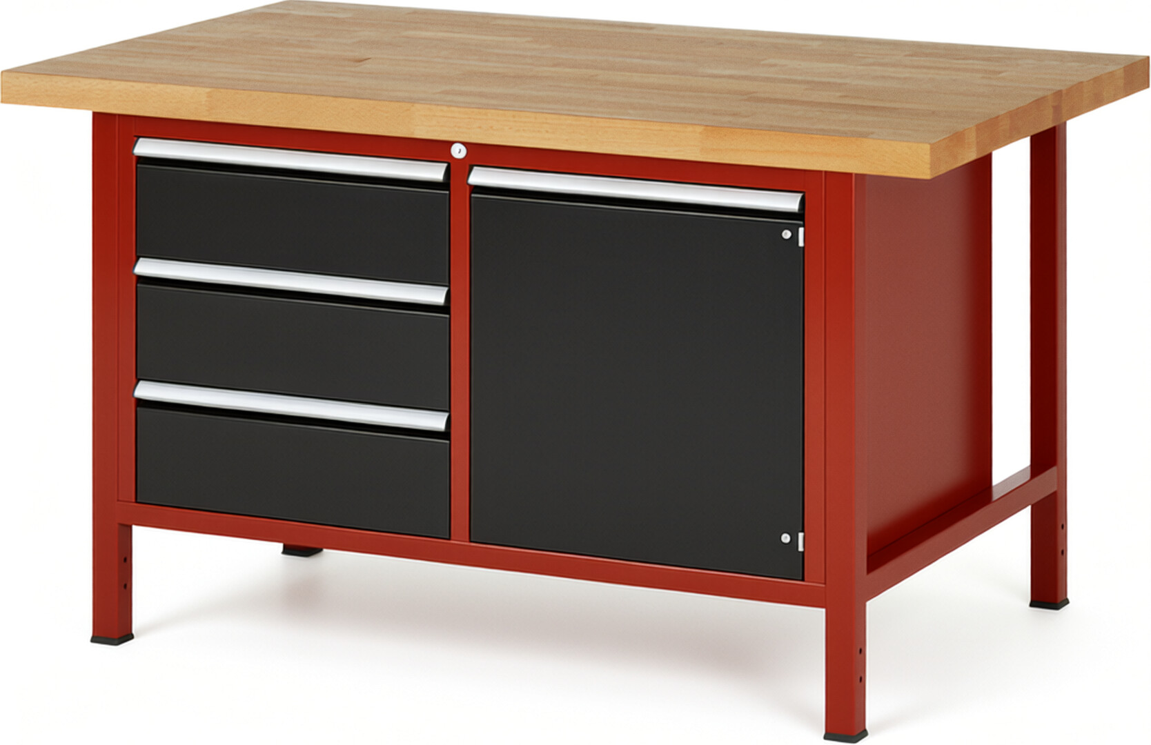 Werkbank Modell 8468 rot - schwarz, BxTxH 1500x900x840-1040 mm,  Buche-Massiv Arbeitsplatte 40 mm,  3 Schubladen mit  Auszug 90 %
