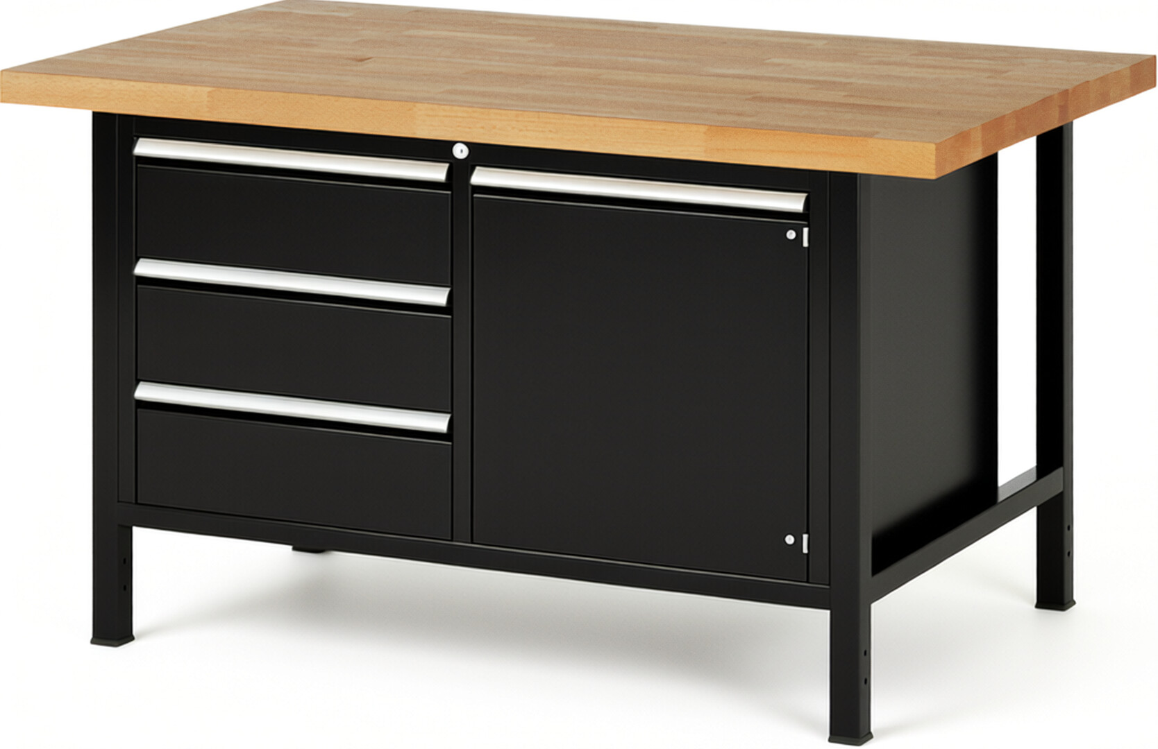 Werkbank Modell 8468 schwarz, BxTxH 1500x900x840-1040 mm,  Buche-Massiv Arbeitsplatte 40 mm,  3 Schubladen mit  Auszug 90 %