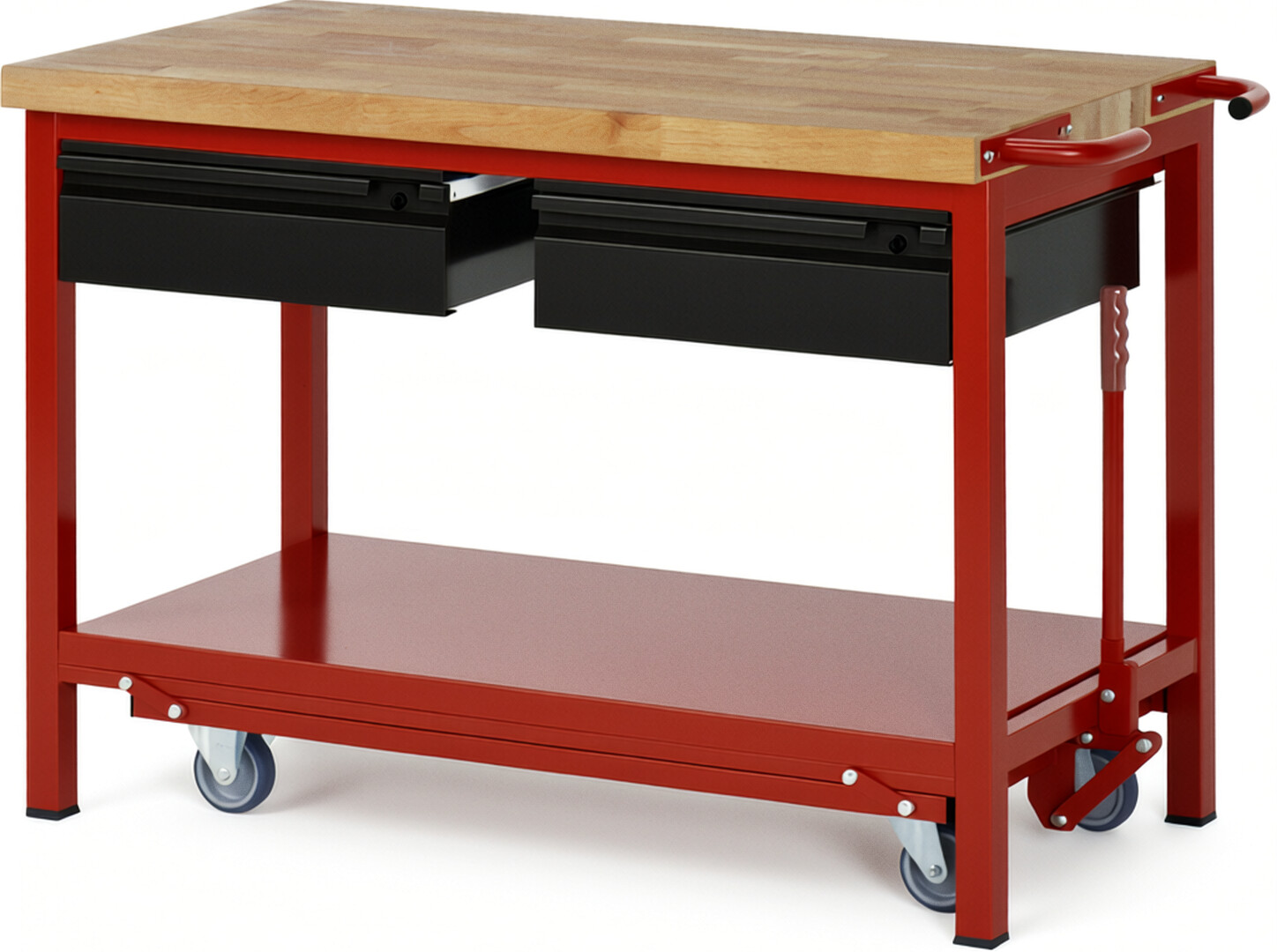 Absenkbare Werkbank - Modell 8002 BASIC rot - schwarz, BxTxH 1250x700x880 mm,  Buche-Massiv Arbeitsplatte 40 mm,  2 Schubladen mit  Auszug 90 %