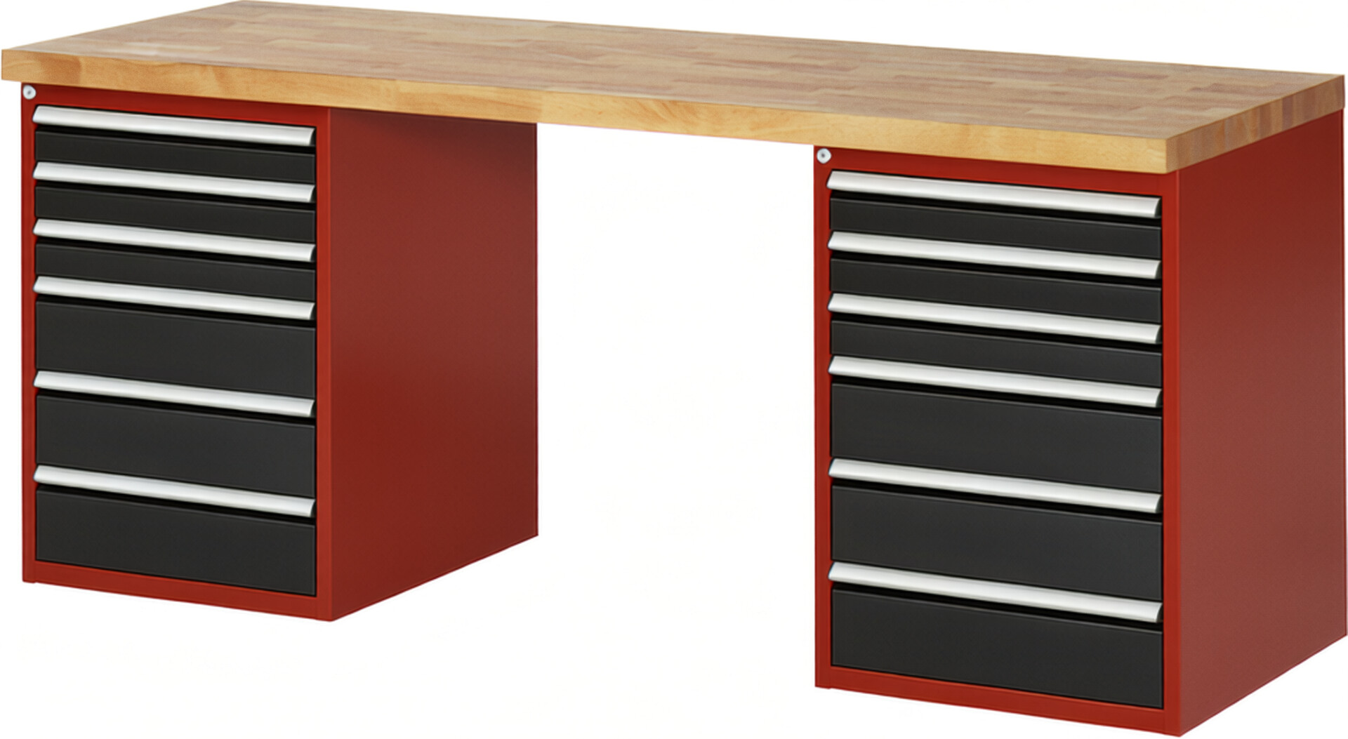 Werkbank Modell 7515 rot - schwarz, BxTxH 2000x700x890 mm,  Buche-Massiv Arbeitsplatte 40 mm,  12 Schubladen mit  Auszug 90 %