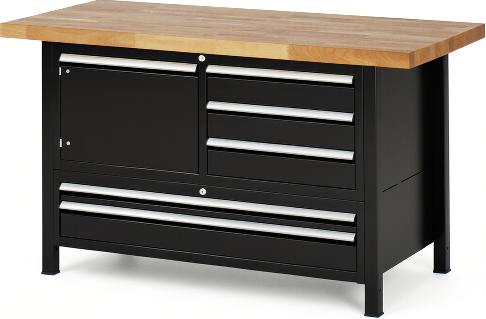 Werkbank Modell 8932 schwarz, BxTxH 1500x700x840 mm,  Buche-Massiv Arbeitsplatte 40 mm,  5 Schubladen mit  Auszug 90 %