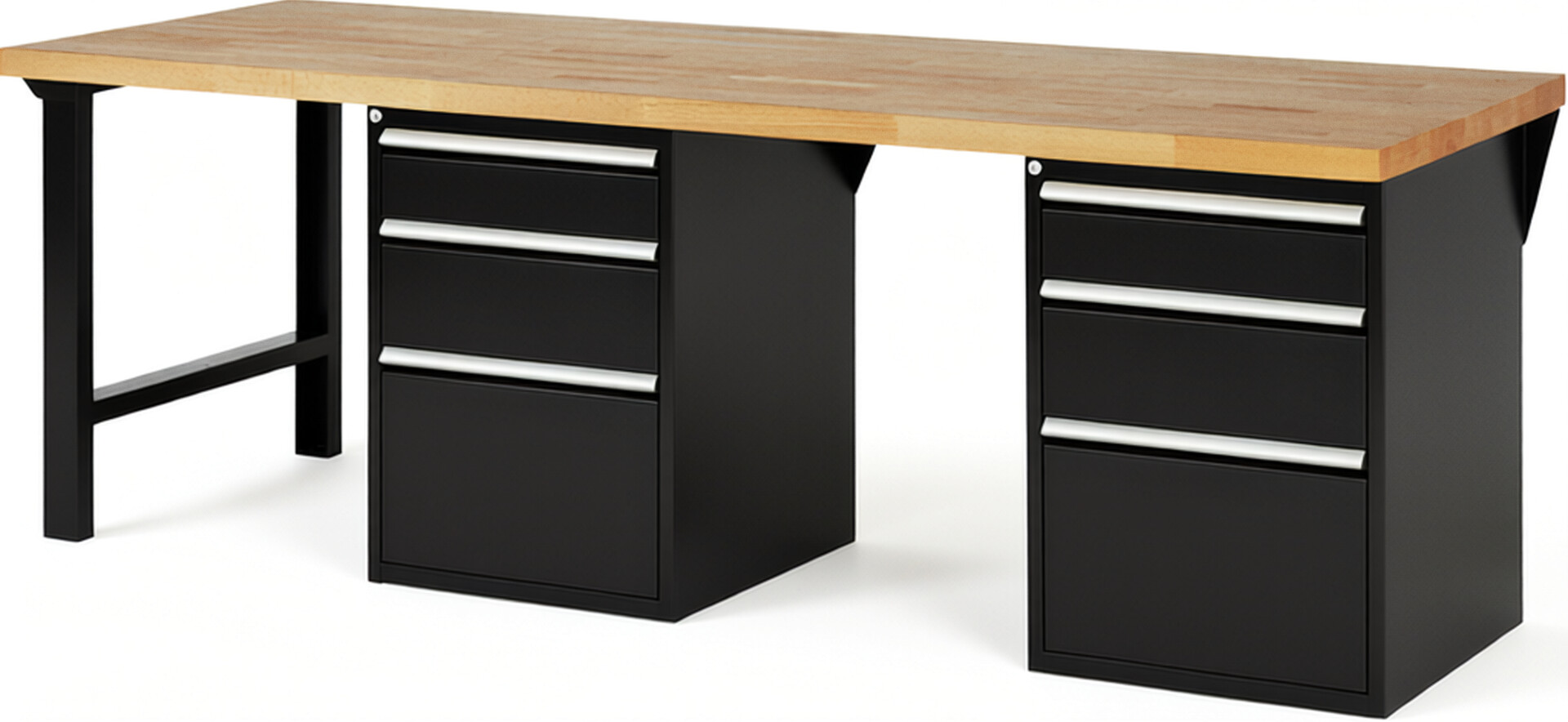 Werkbank Modell 7508 schwarz, BxTxH 2500x900x890 mm,  Buche-Massiv Arbeitsplatte 40 mm,  6 Schubladen mit  Vollauszug 100 % und  SoftClosing