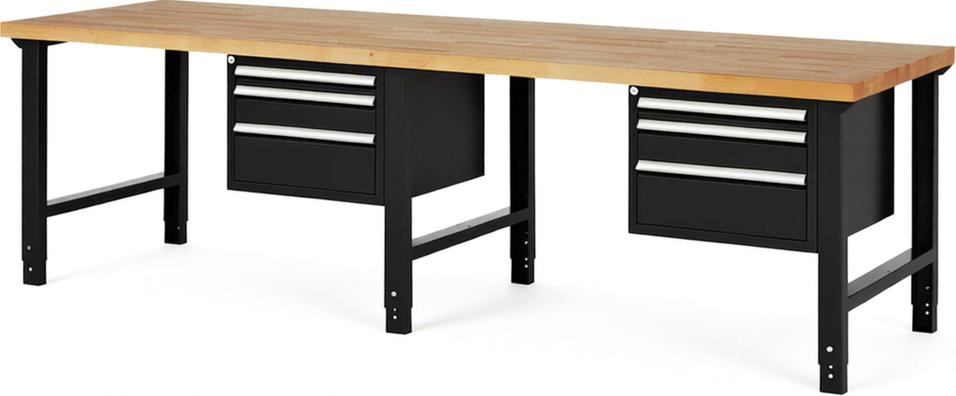 Werkbank Modell 7126 schwarz, BxTxH 3000x900x790-1140 mm,  Buche-Massiv Arbeitsplatte 40 mm,  6 Schubladen mit  Vollauszug 100 % und  SoftClosing