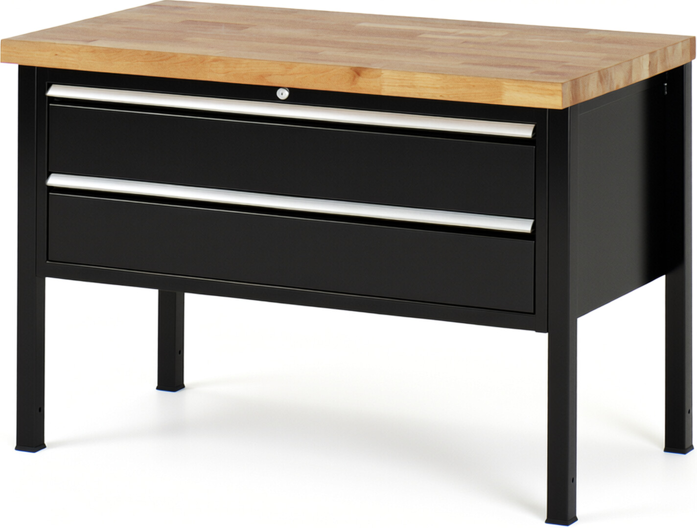Werkbank Modell 8325 schwarz, BxTxH 1250x700x840 mm,  Buche-Massiv Arbeitsplatte 40 mm,  2 Schubladen mit  Vollauszug 100 % und  SoftClosing