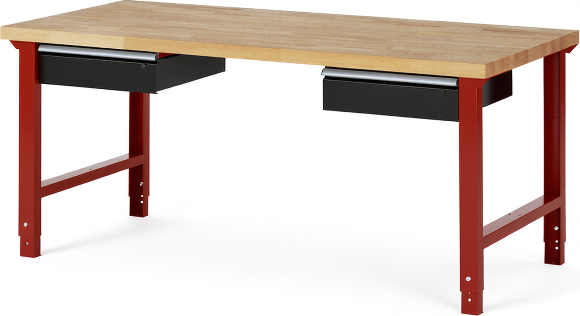 Werkbank Modell 7002 rot - schwarz, BxTxH 2000x900x790-1140 mm,  Buche-Massiv Arbeitsplatte 40 mm,  2 Schubladen mit  Auszug 90 %