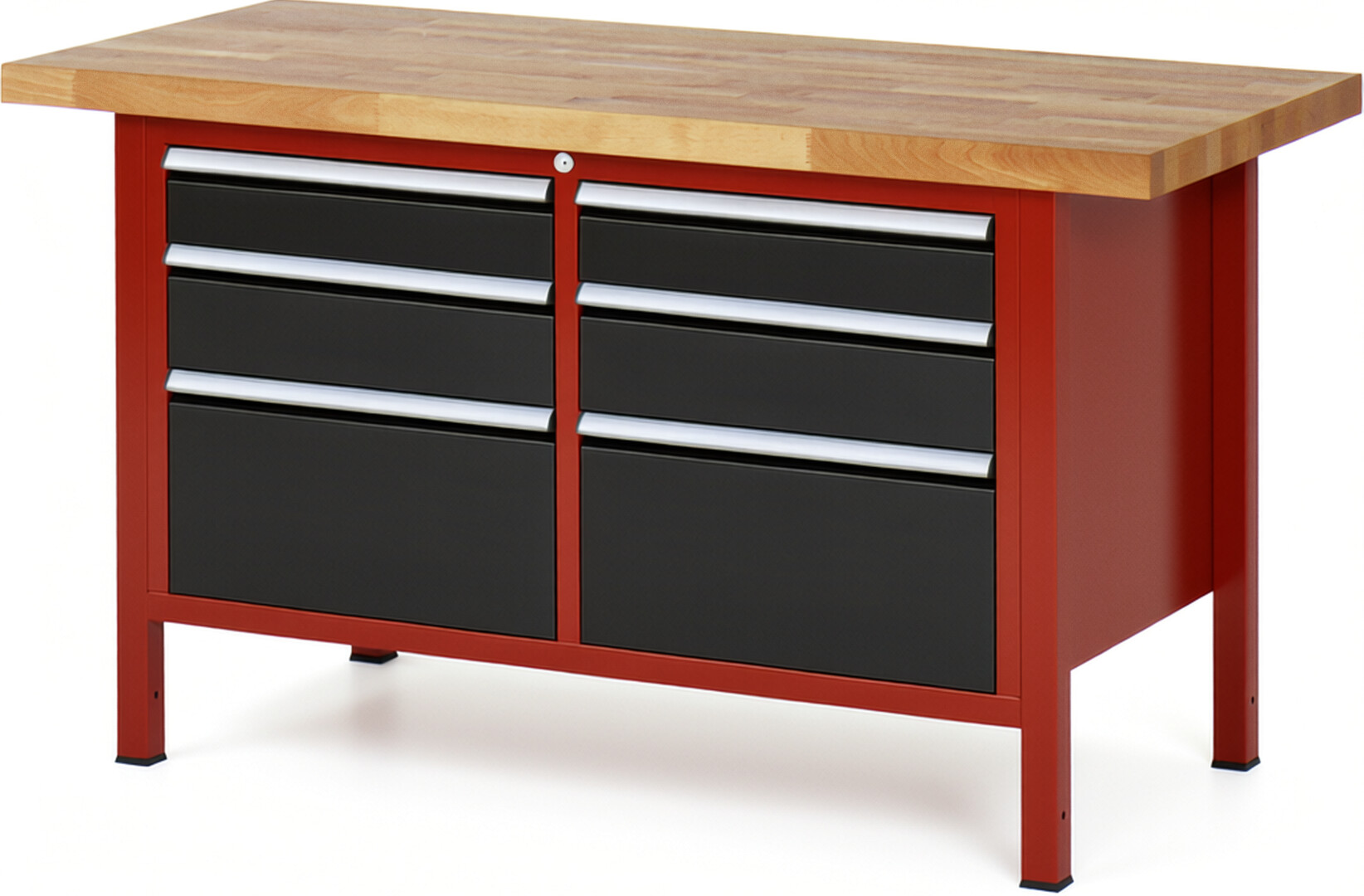 Werkbank Modell 8475 rot - schwarz, BxTxH 1500x700x840-1040 mm,  Buche-Massiv Arbeitsplatte 40 mm,  6 Schubladen mit  Auszug 90 %