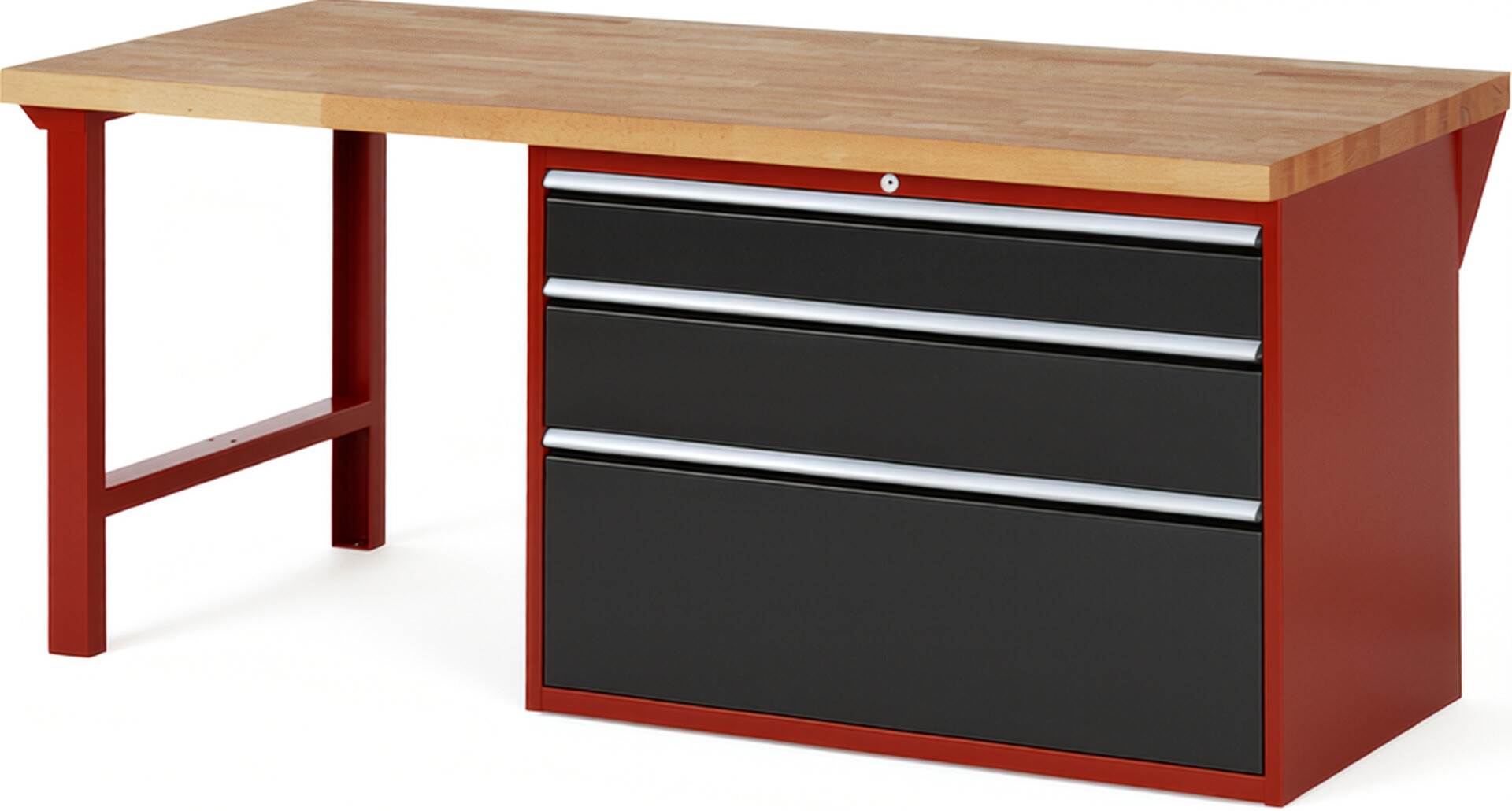 Werkbank Modell 7708 rot - schwarz, BxTxH 2000x900x890 mm,  Buche-Massiv Arbeitsplatte 40 mm,  3 Schubladen mit  Auszug 90 %