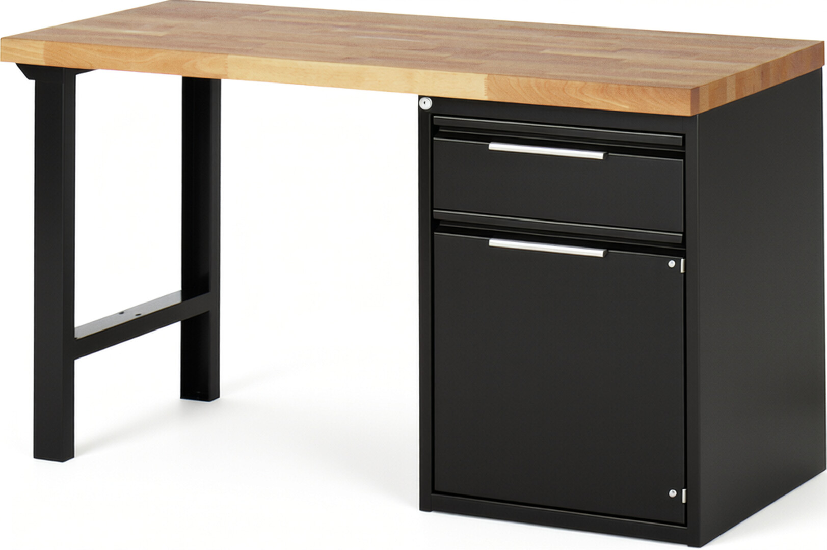Werkbank, Platte Buche 40 mm schwarz, BxTxH 1500x700x840 mm, inklusive Unterbauschrank, 1 Schublade 180 mm, 1 Tür 540 mm, 1 Fachboden