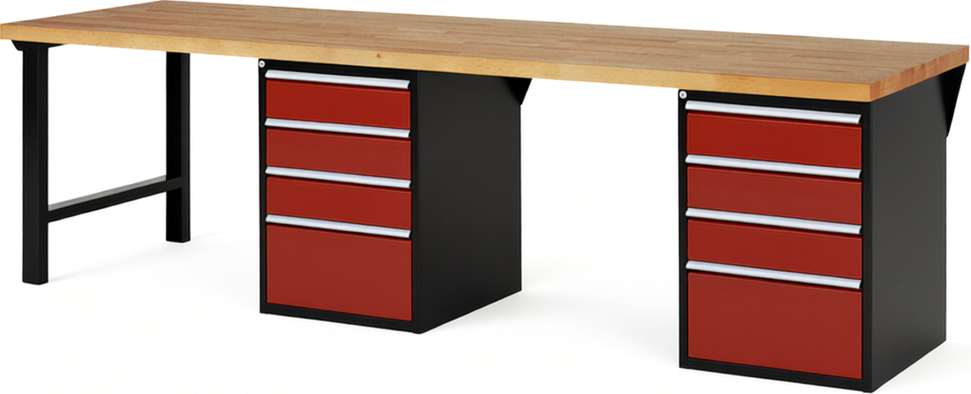 RAU Werkbank schwarz - rot - Breite 300 cm - Tiefe 90 cm - Höhe 84 cm - Buche-Massiv Arbeitsplatte 40 mm