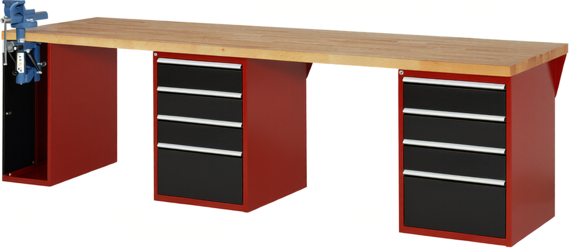 Werkbank Modell 7510 rot - schwarz, BxTxH 3000x900x890 mm,  Buche-Massiv Arbeitsplatte 40 mm,  8 Schubladen mit  Auszug 90 %
