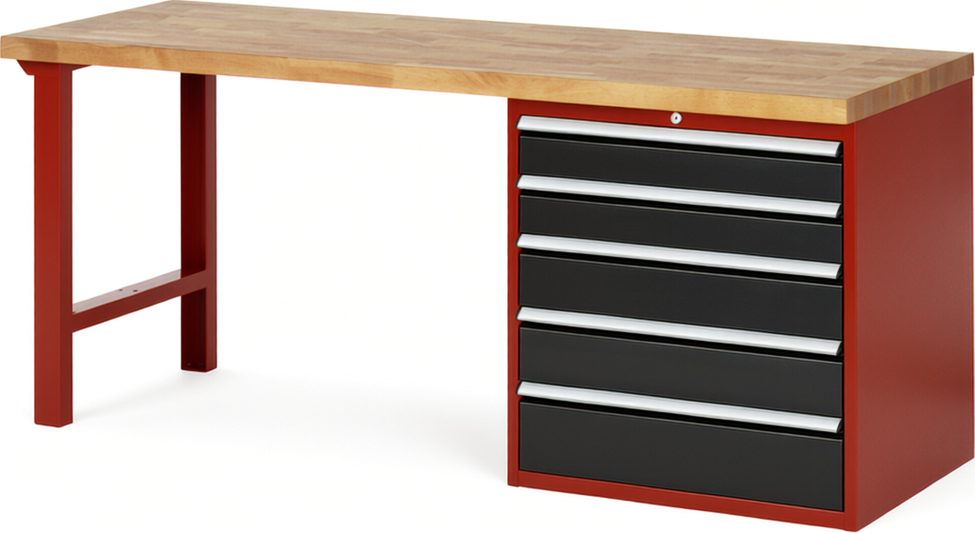 Werkbank Modell 7613 rot - schwarz, BxTxH 2000x700x890 mm,  Buche-Massiv Arbeitsplatte 40 mm,  5 Schubladen mit  Auszug 90 %