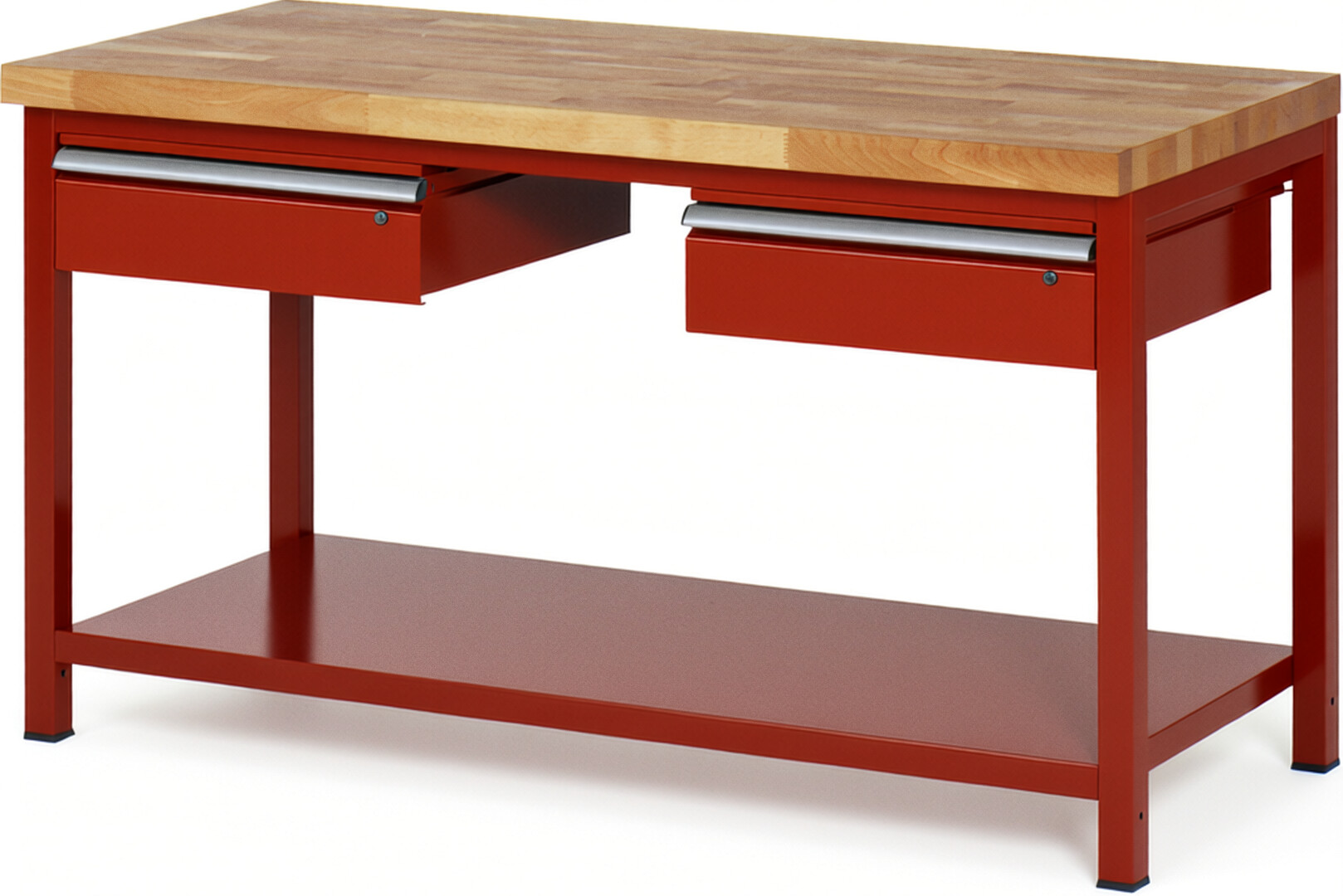 Werkbank Modell 8002 rot, BxTxH 1500x700x840-1040 mm,  Buche-Massiv Arbeitsplatte 40 mm,  2 Schubladen mit  Auszug 90 %