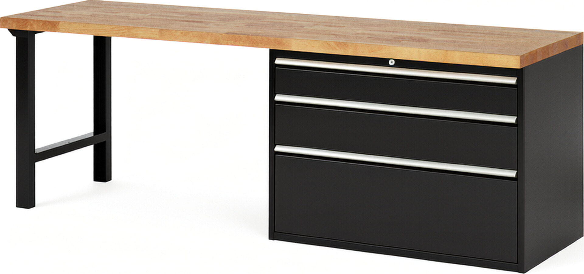 Werkbank Modell 7708 schwarz, BxTxH 2500x700x840 mm,  Buche-Massiv Arbeitsplatte 40 mm,  3 Schubladen mit  Vollauszug 100 % und  SoftClosing