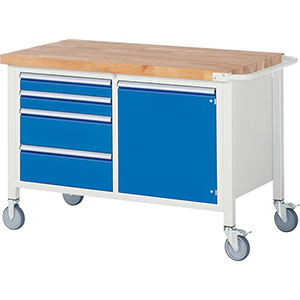 Fahrbare Werkbank, BxTxH 1250x700x880 mm, 4 Schubladen: 2x90, 2x180 mm, 1 Tür 540 mm inkl. 1 Boden, Platte Buche 40 mm, RAL 7035/5010