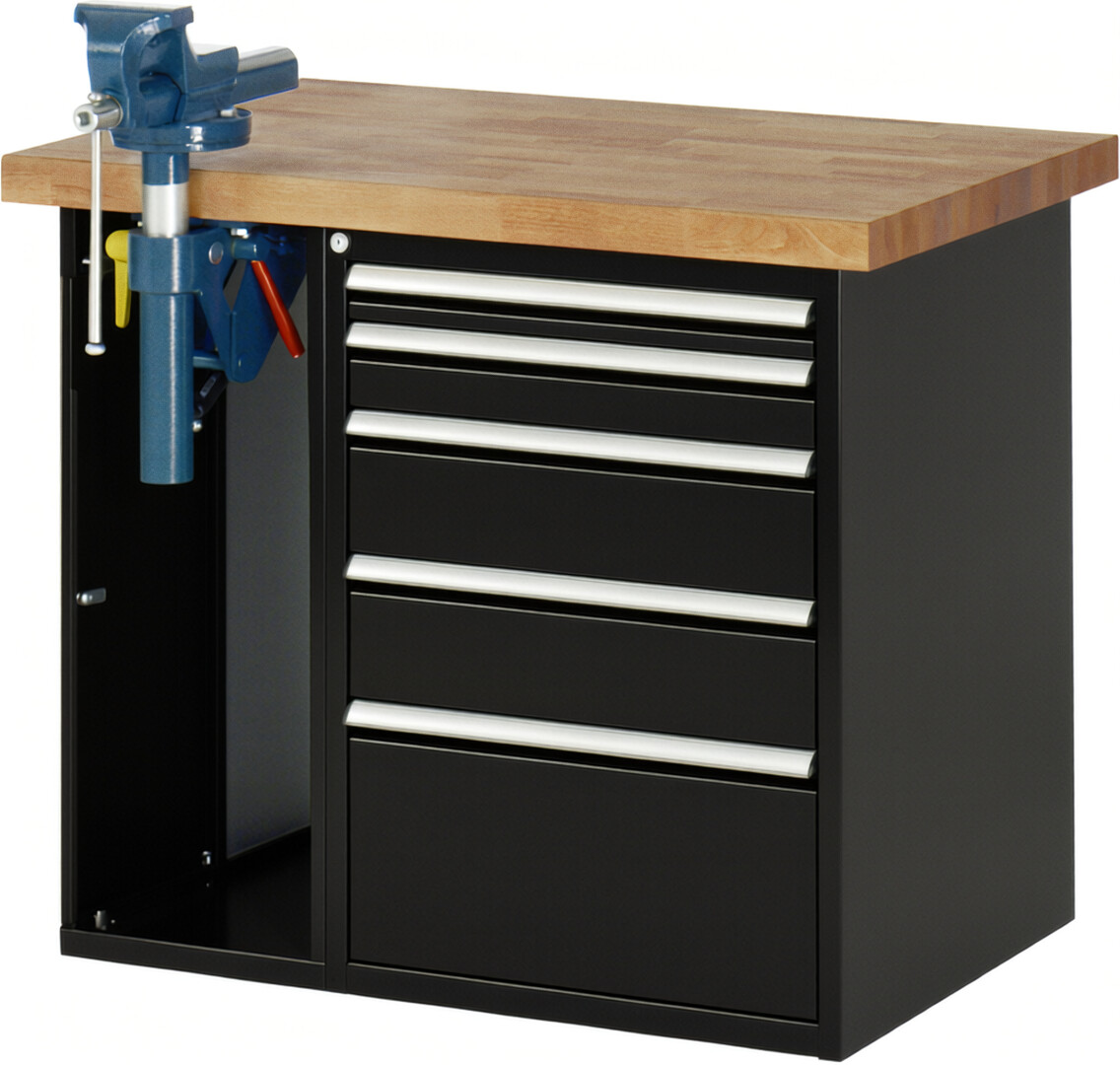 Werkbank Modell 7511 schwarz, BxTxH 1000x700x890 mm,  Buche-Massiv Arbeitsplatte 40 mm,  5 Schubladen mit  Auszug 90 %