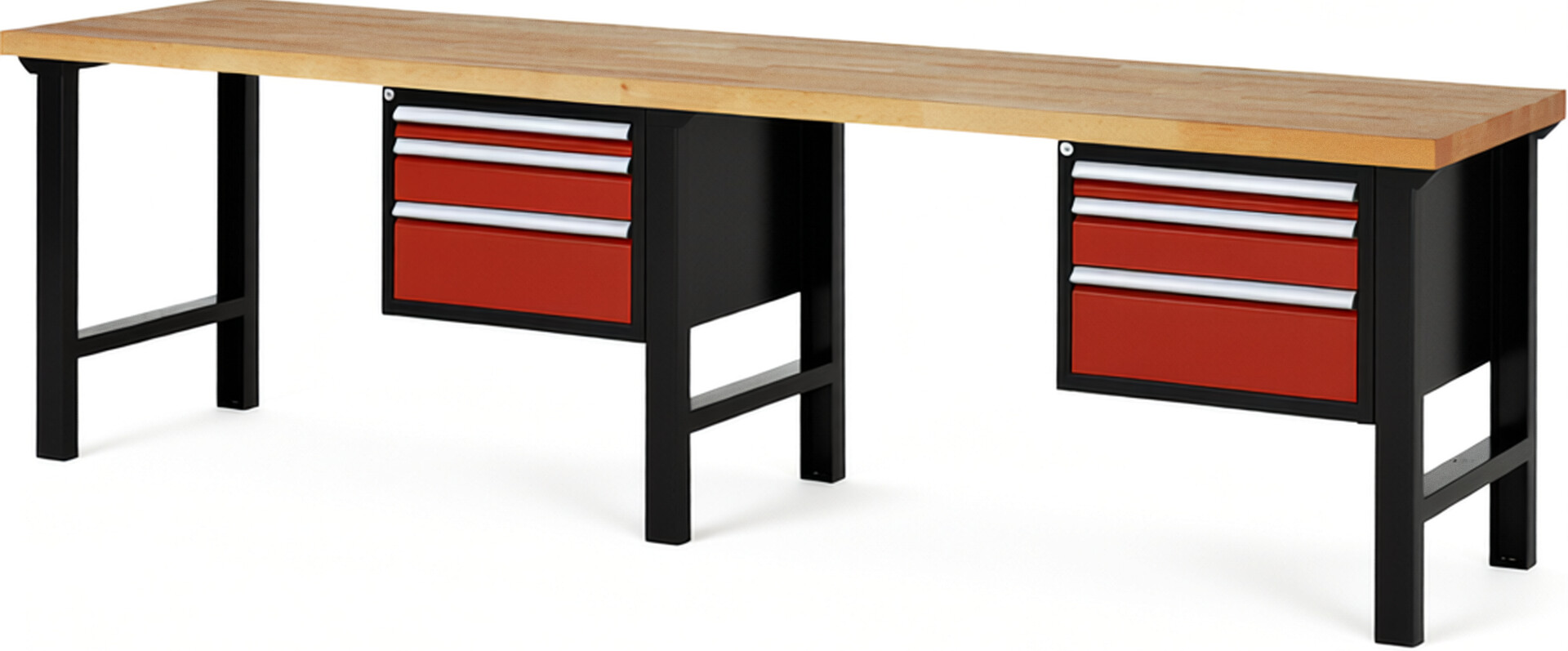 Werkbank Modell 7126 schwarz-rot, BxTxH 3000x700x840 mm,  Buche-Massiv Arbeitsplatte 40 mm,  6 Schubladen mit  Auszug 90 %