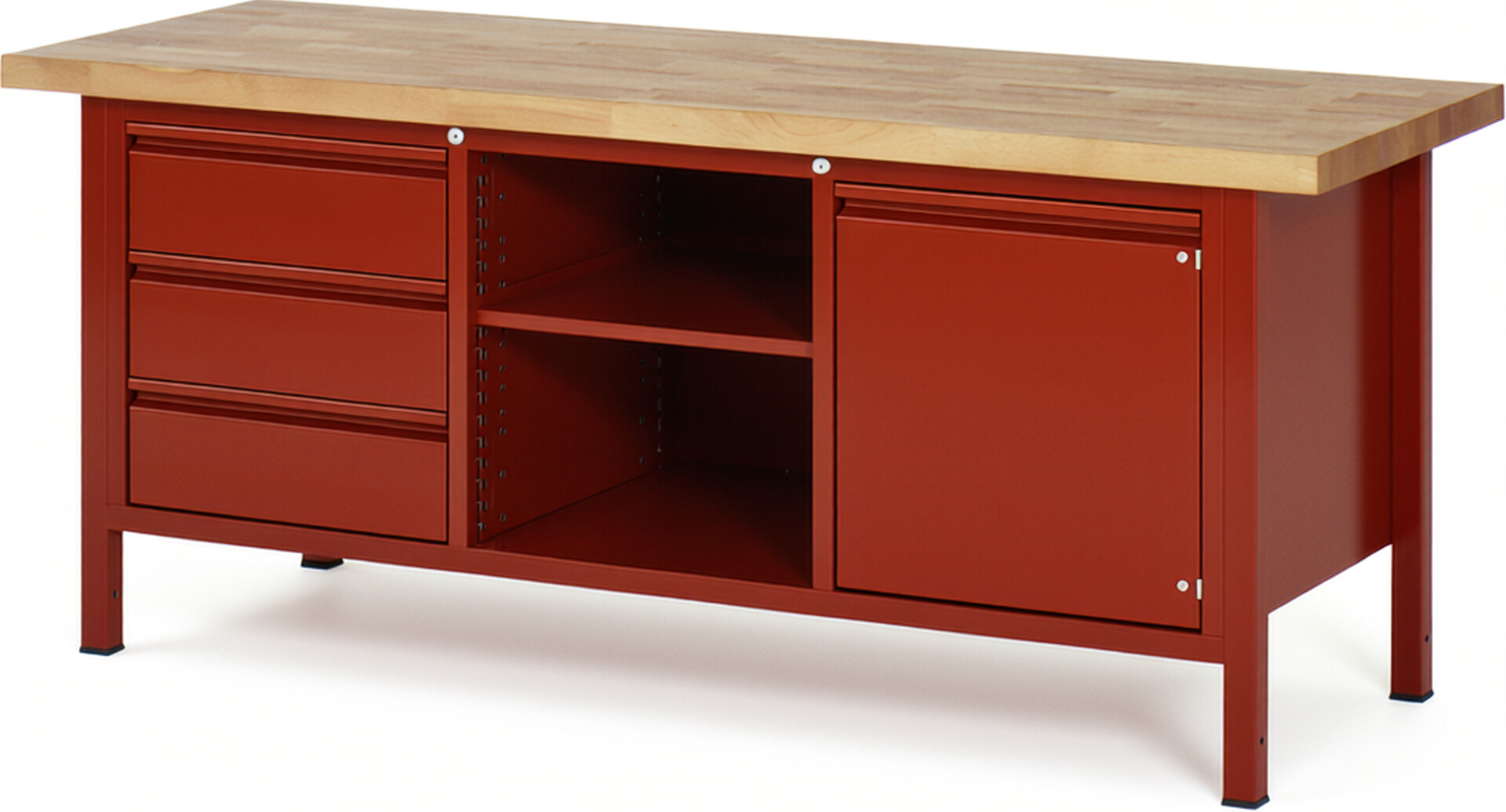 Werkbank rot, BxTxH 2000x700x840-1040 mm, Platte Buche 40 mm, 3 Schubladen 180 mm, 1 Fachboden, 1 Türe 540 mm dahinter  1 Fachboden, RAL 3000/3000