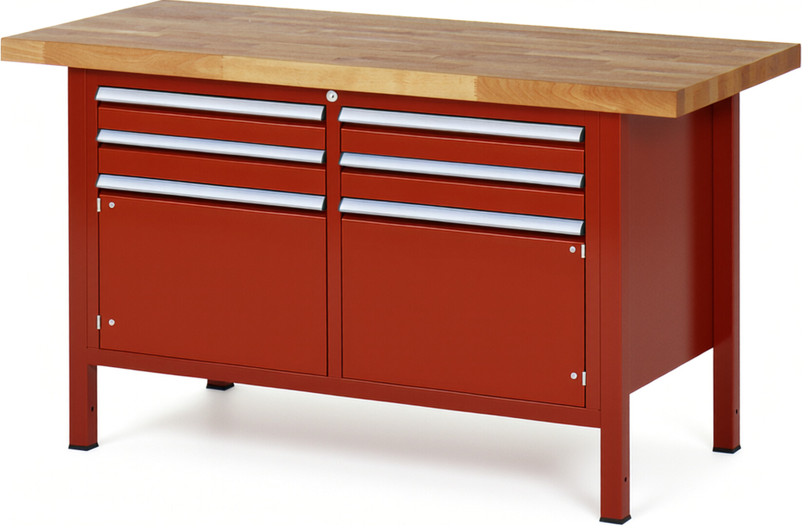Werkbank Modell 8469 rot, BxTxH 1500x700x840 mm,  Buche-Massiv Arbeitsplatte 40 mm,  4 Schubladen mit  Auszug 90 %