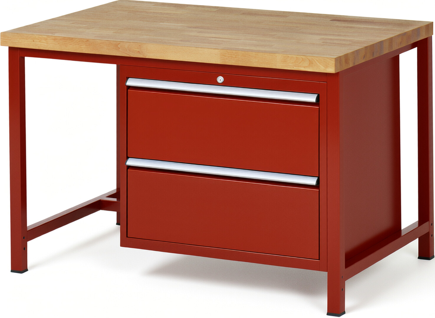 Werkbank Modell 8255 rot, BxTxH 1250x900x840 mm,  Buche-Massiv Arbeitsplatte 40 mm,  2 Schubladen mit  Vollauszug 100 % und  SoftClosing