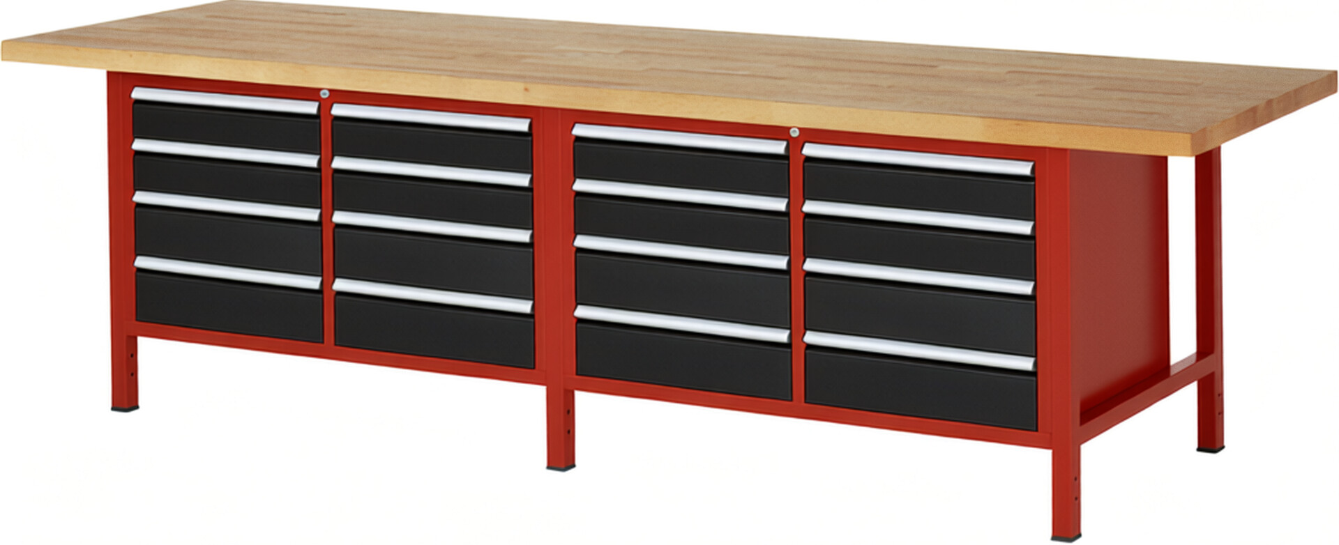 Werkbank Modell 8477 rot - schwarz, BxTxH 3000x900x840-1040 mm,  Buche-Massiv Arbeitsplatte 40 mm,  16 Schubladen mit  Auszug 90 %