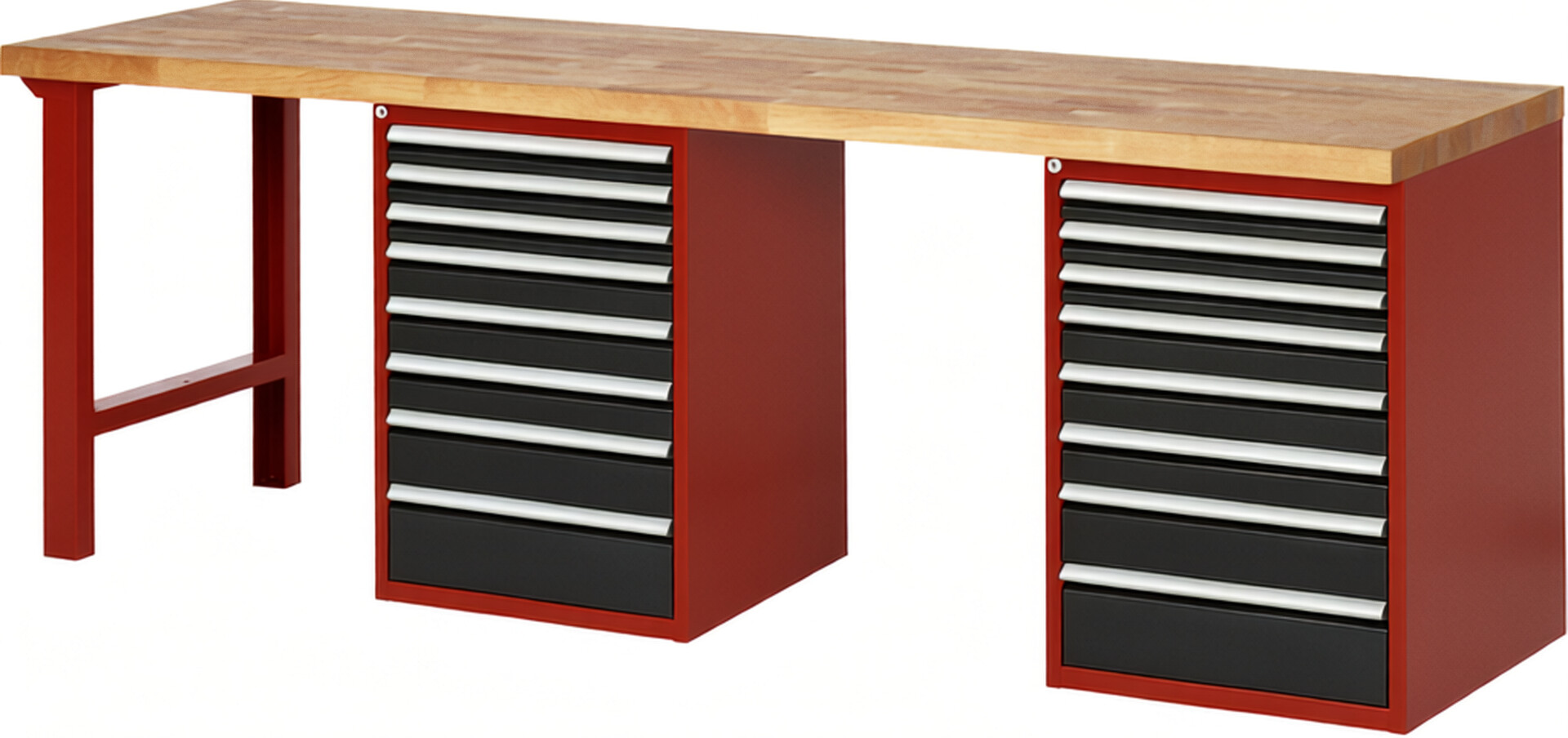 Werkbank Modell 7519 rot - schwarz, BxTxH 2500x700x840 mm,  Buche-Massiv Arbeitsplatte 40 mm,  16 Schubladen mit  Auszug 90 %