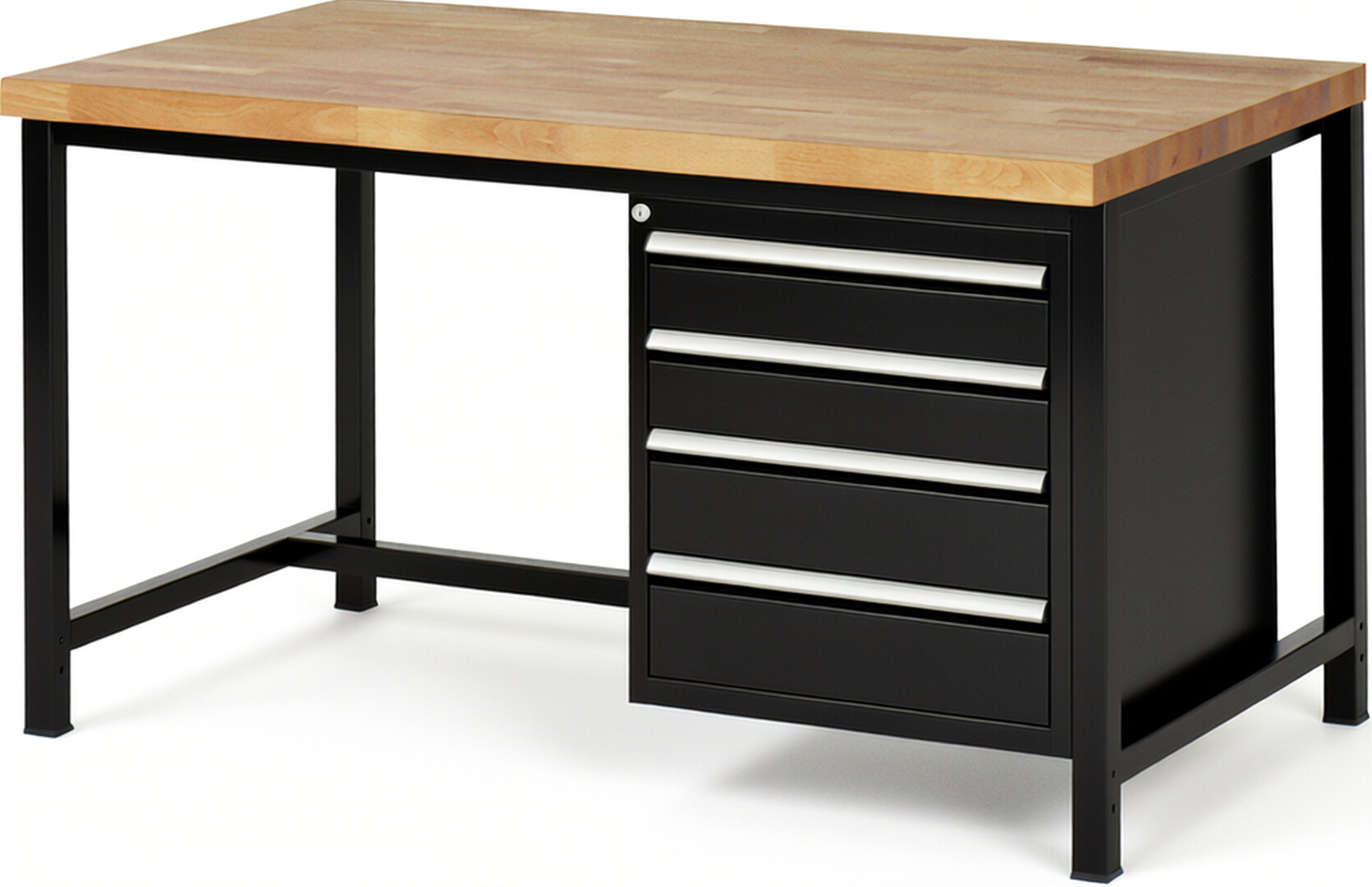 Werkbank Modell 8162 schwarz, BxTxH 1500x900x840-1040 mm,  Buche-Massiv Arbeitsplatte 40 mm,  4 Schubladen mit  Auszug 90 %