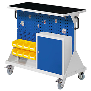 Lochplatte - Schlitzplatte, Werkstattwagen, 2 Loch-/2 Schlitzpl., 1 Hakensort. 10-tlg., Schrank, 8 Kästen, BxTxH 1000x500x930 mm, 1 Auflageboden Stahl m. Riffelgummi, RAL 7035/50