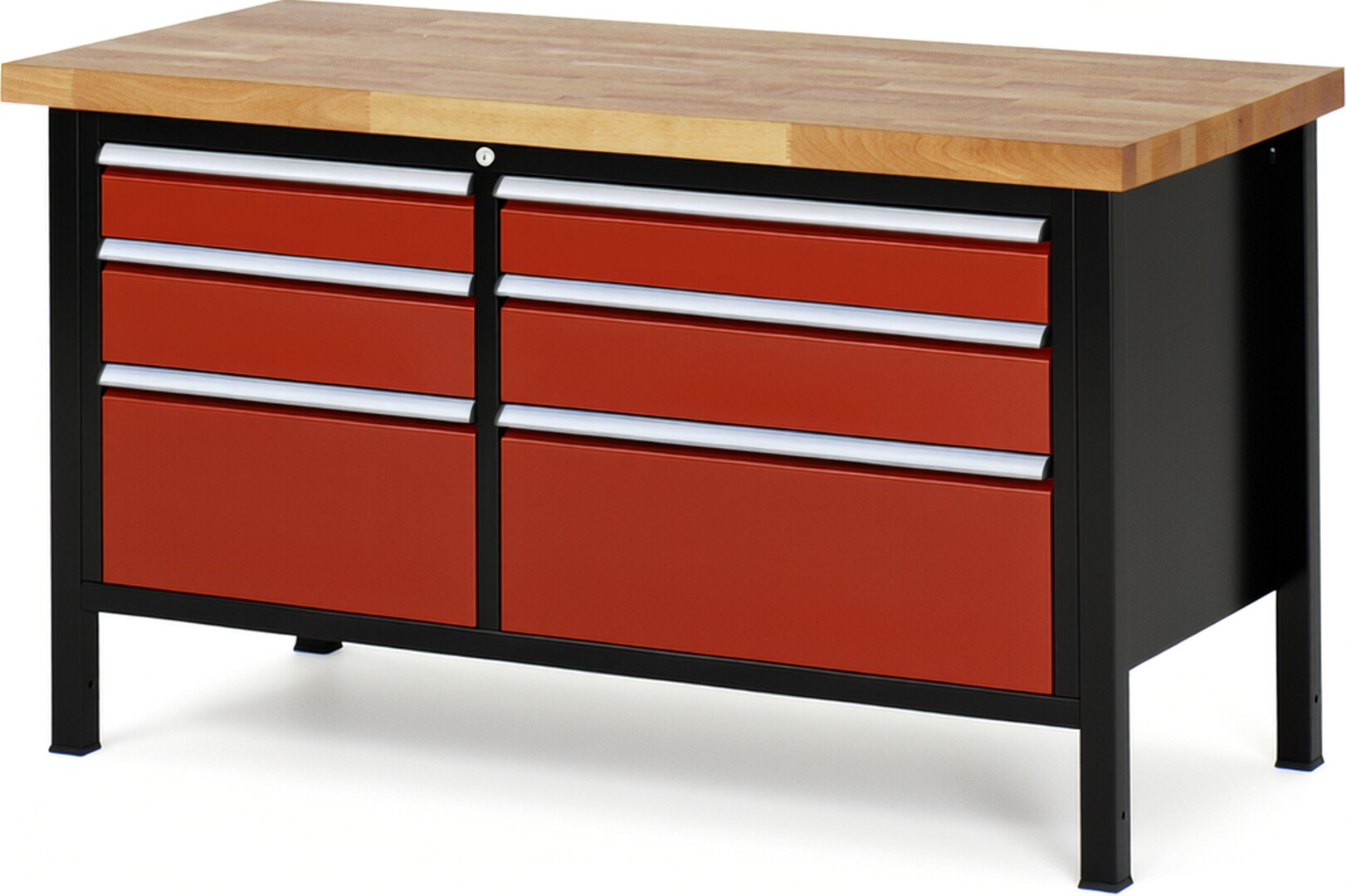 RAU Werkbank schwarz - rot - Breite 150 cm - Tiefe 70 cm - Höhe 104 cm - Buche-Massiv Arbeitsplatte 40 mm