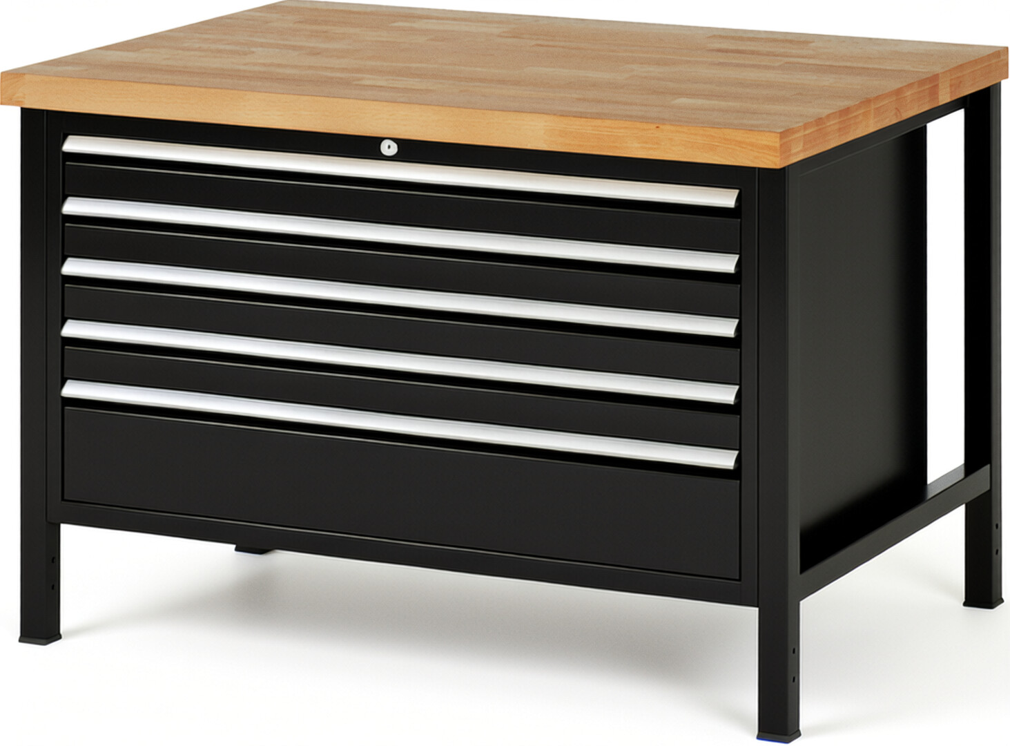 Werkbank Modell 8368 schwarz, BxTxH 1250x900x840 mm,  Buche-Massiv Arbeitsplatte 40 mm,  5 Schubladen mit  Auszug 90 %