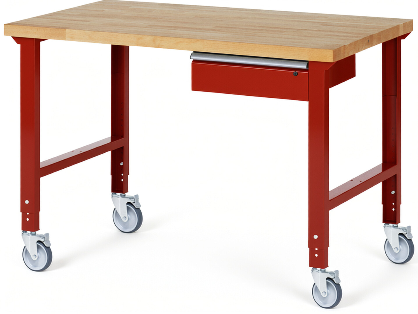 Fahrbare Werkbank Modell 7001 rot, BxTxH 1500x900x950-1000 mm,  Buche-Massiv Arbeitsplatte 40 mm,  1 Schublade mit  Auszug 90 %