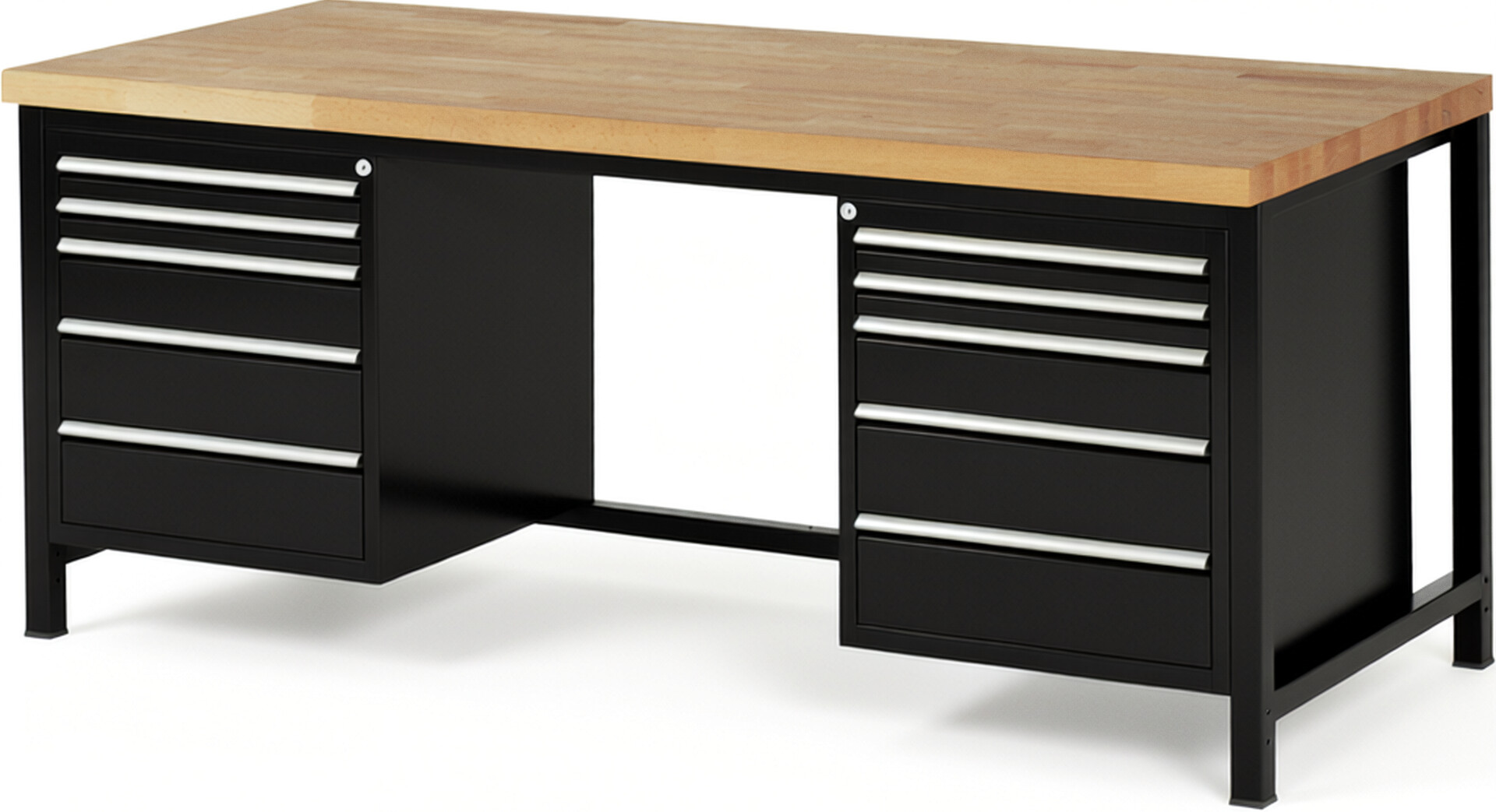 Werkbank Modell 8184 schwarz, BxTxH 2000x900x840 mm,  Buche-Massiv Arbeitsplatte 40 mm,  10 Schubladen mit  Auszug 90 %