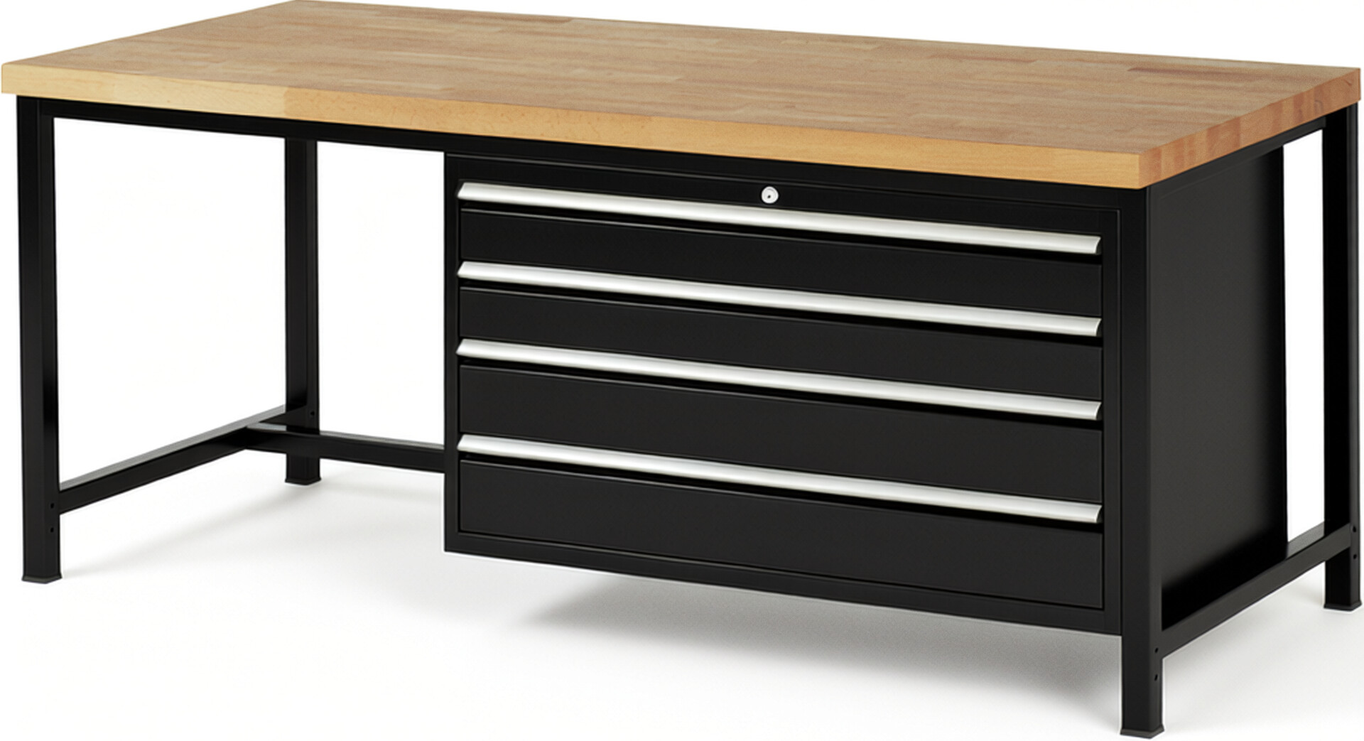 Werkbank Modell 8362 schwarz, BxTxH 2000x900x840-1040 mm,  Buche-Massiv Arbeitsplatte 40 mm,  4 Schubladen mit  Vollauszug 100 % und  SoftClosing
