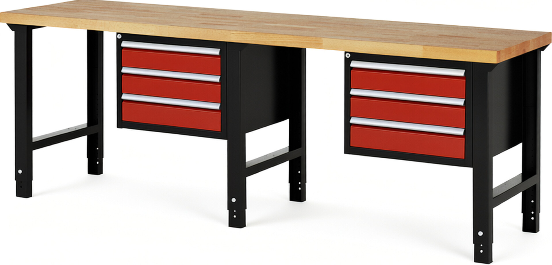 RAU Werkbank schwarz - rot - Breite 250 cm - Tiefe 70 cm - Höhe 114 cm - Buche-Massiv Arbeitsplatte 40 mm
