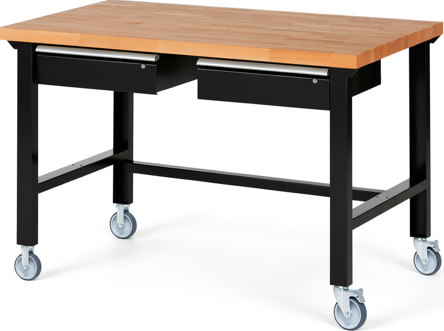 Fahrbare Werkbank Modell 7002 schwarz, BxTxH 1500x900x1000 mm,  Buche-Massiv Arbeitsplatte 40 mm,  2 Schubladen mit  Auszug 90 %