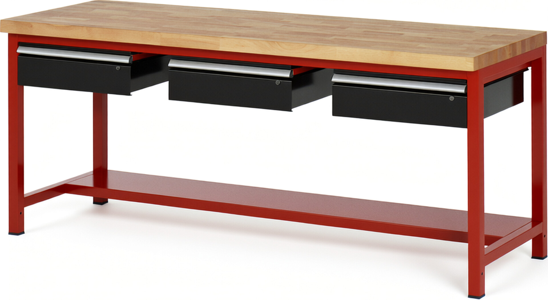 Werkbank Modell 8003 rot - schwarz, BxTxH 2000x700x840 mm,  Buche-Massiv Arbeitsplatte 40 mm,  3 Schubladen mit  Auszug 90 %